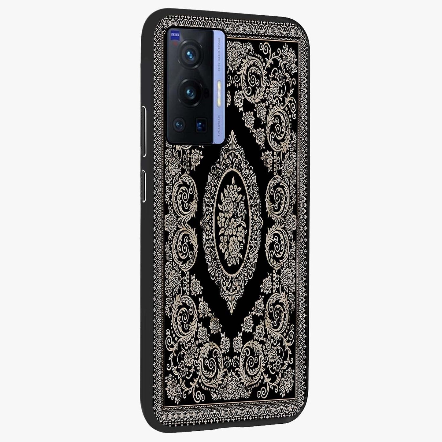Noir Bloom Elegance Glass Case upright view showcasing graceful floral artwork with luxurious dark theme.