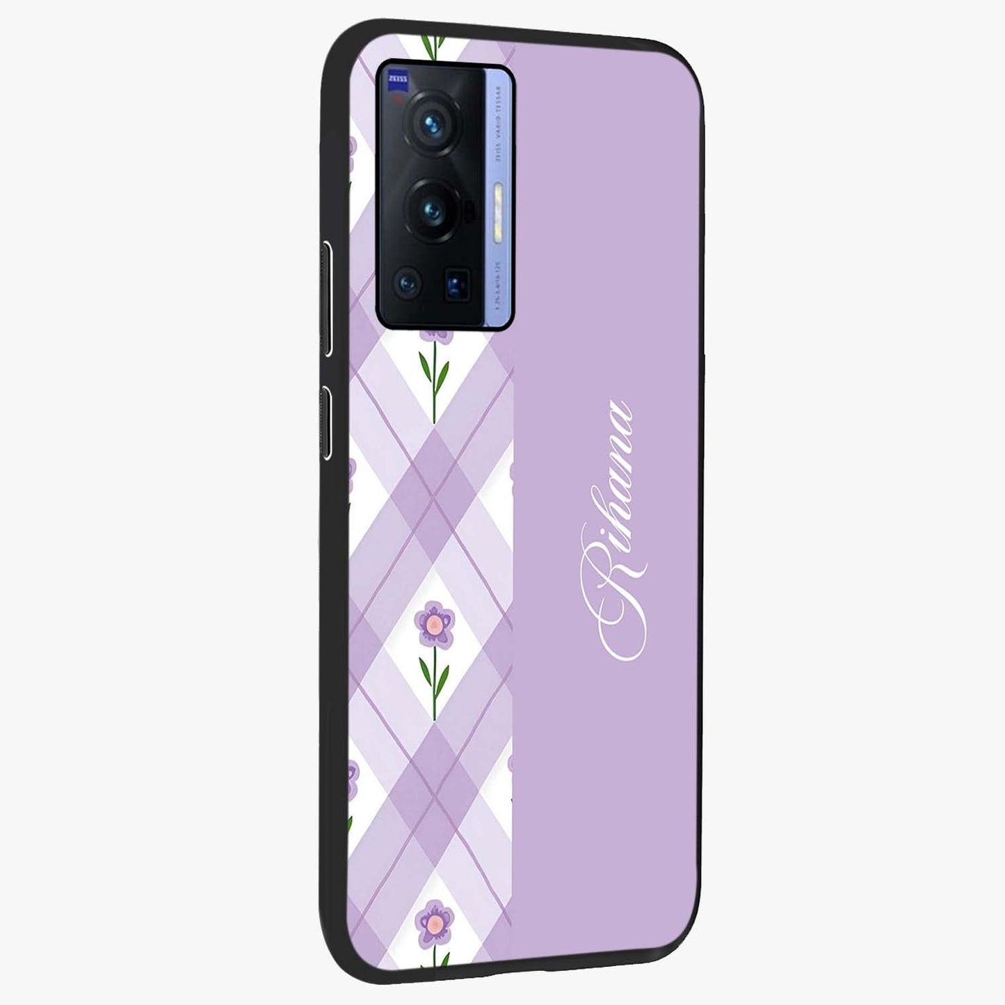 Purple Diamond Floral Glass Case upright view showcasing vibrant floral artwork with stylish geometric theme.