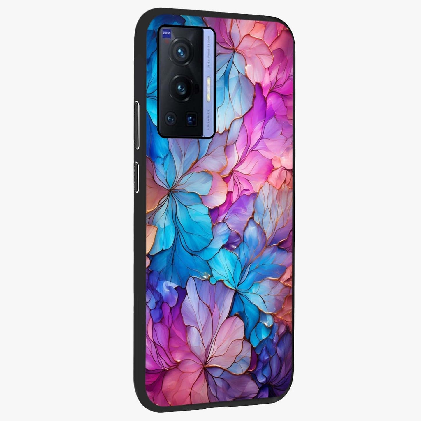 Radiant Floral Whirl Glass Case upright view showcasing lively floral artwork with decorative swirl theme.