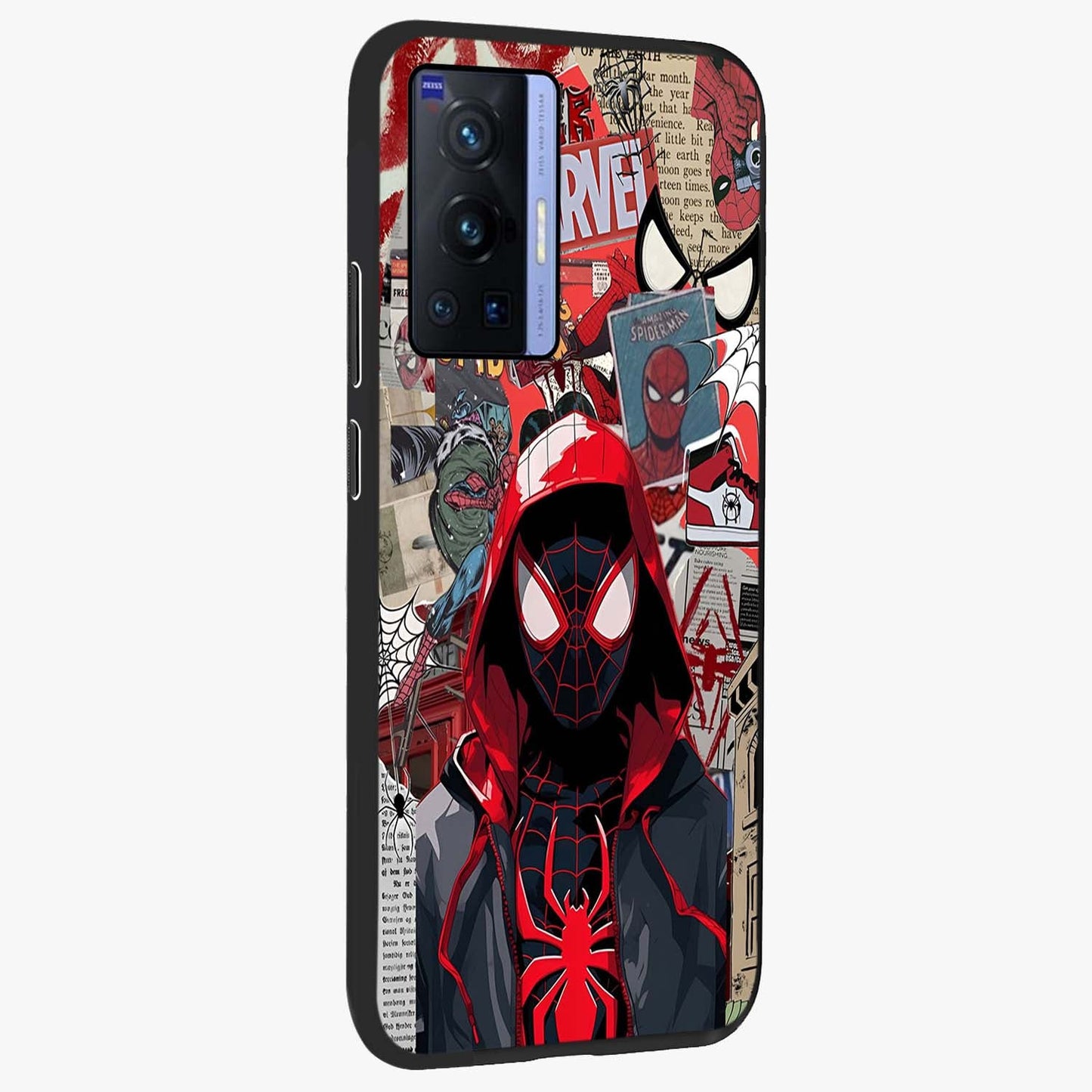 Spider Collage Street Glass Case upright view showcasing bold superhero artwork with urban street theme.
