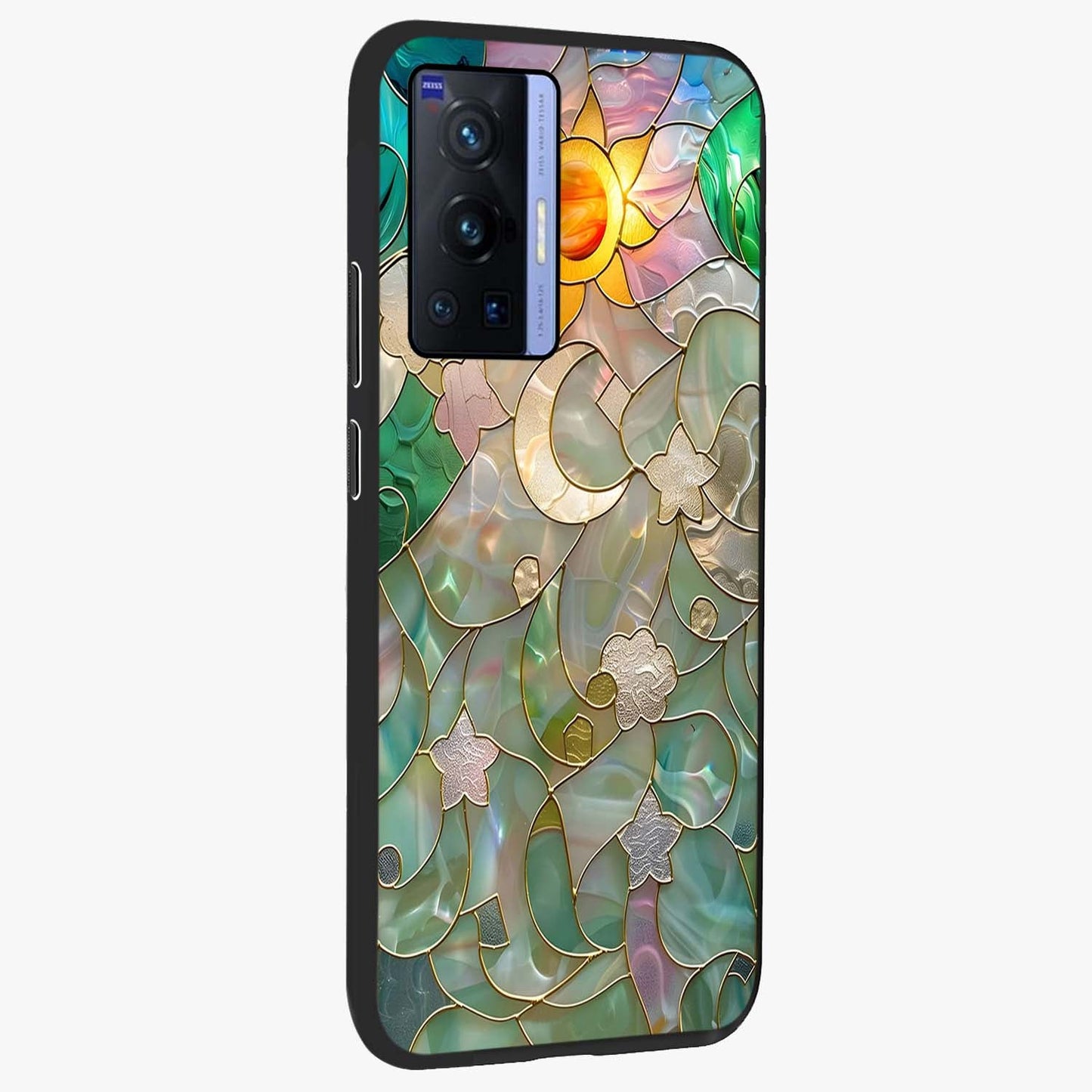 Stained Sunrise Glow Glass Case upright view showcasing colorful sunrise artwork with warm morning theme.