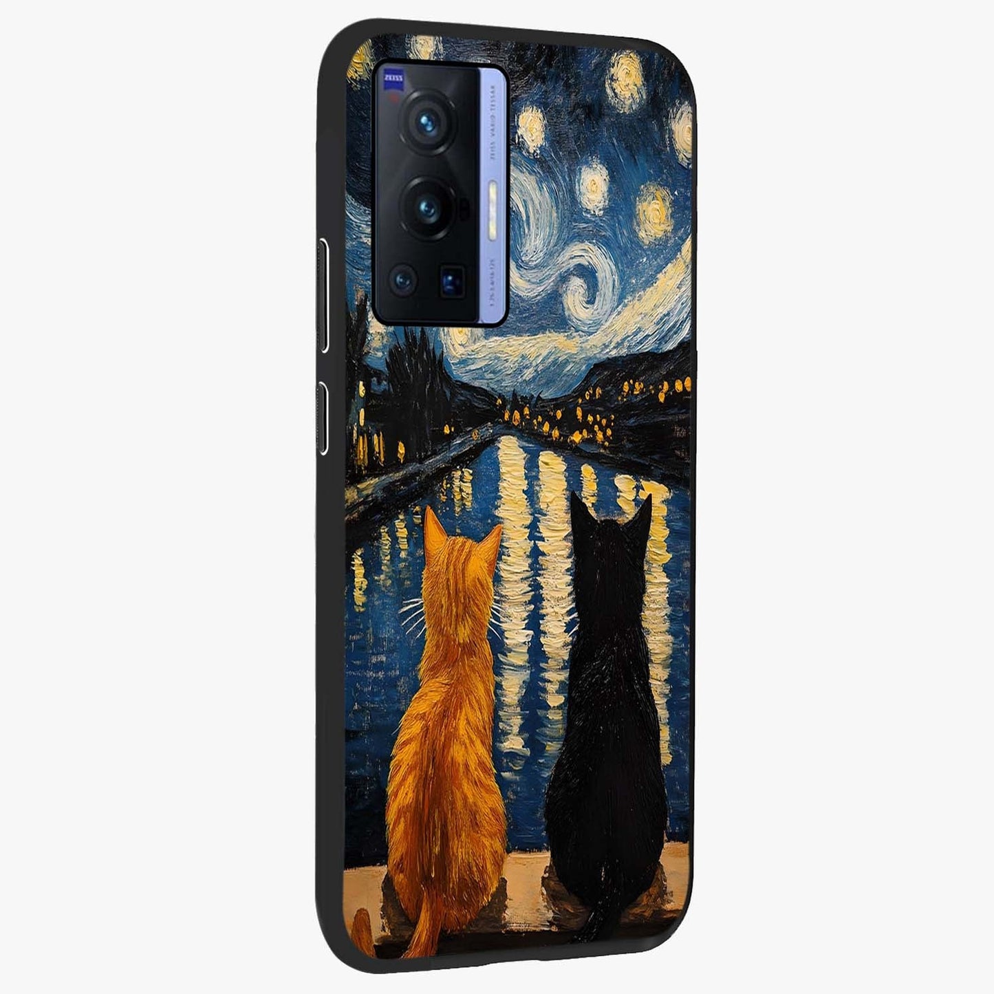 Starry River Cats Glass Case upright view showcasing adorable cat artwork with magical river and stars theme.