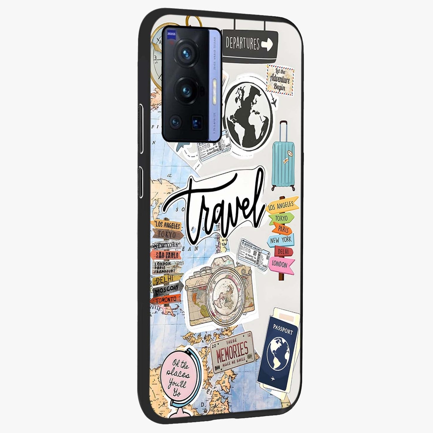 Wanderlust Journal Glass Case upright view showcasing wanderlust inspired artwork with creative exploration theme.