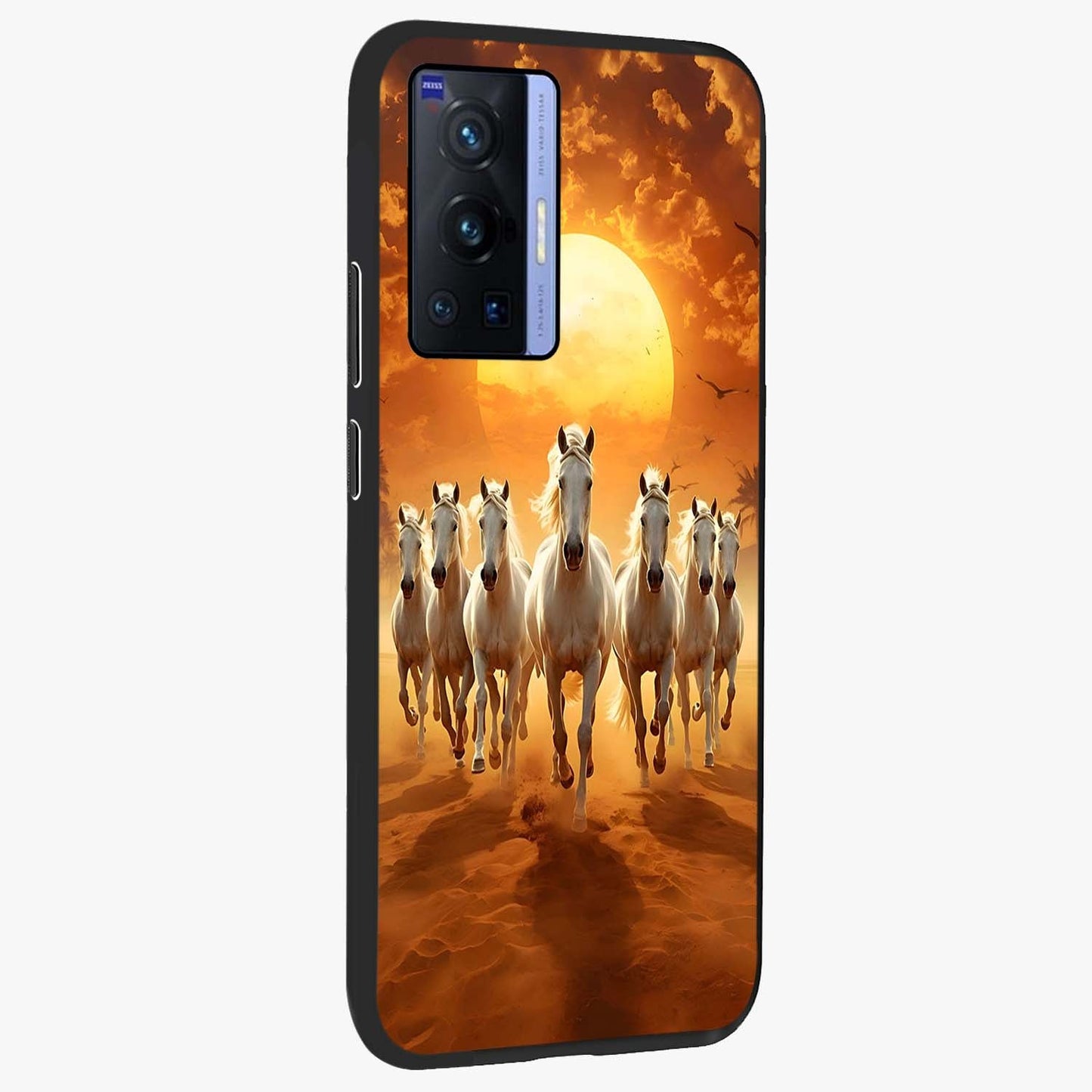 Wild Sunset Majesty Glass Case upright view showcasing dramatic sunset artwork with bold nature theme.