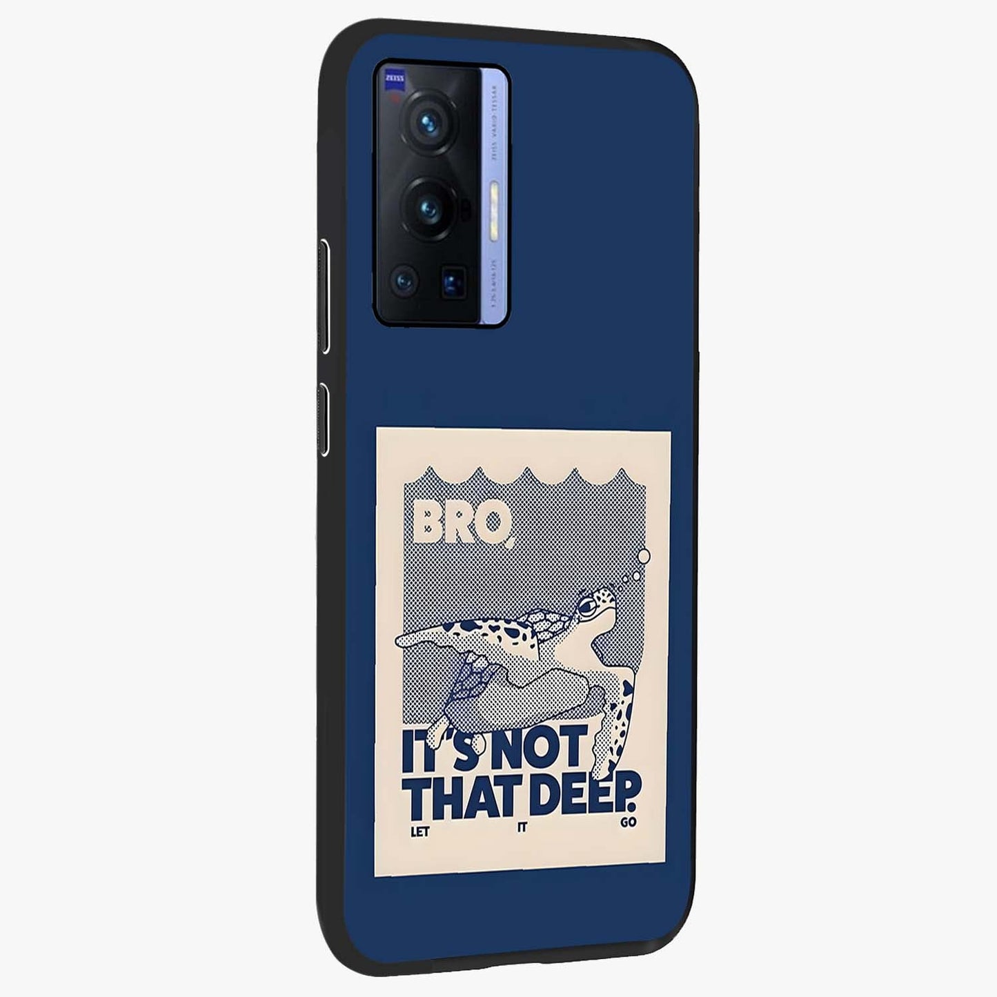 Worry Less Swim Glass Case upright view showcasing cheerful artistic artwork with carefree inspirational theme.