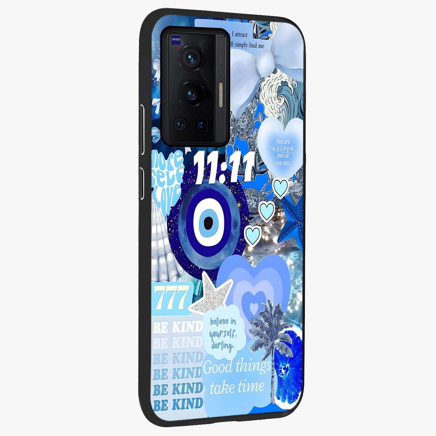 Aesthetic Be Kind Eye Glass Case upright view showcasing stylish eye illustration with positive message theme.