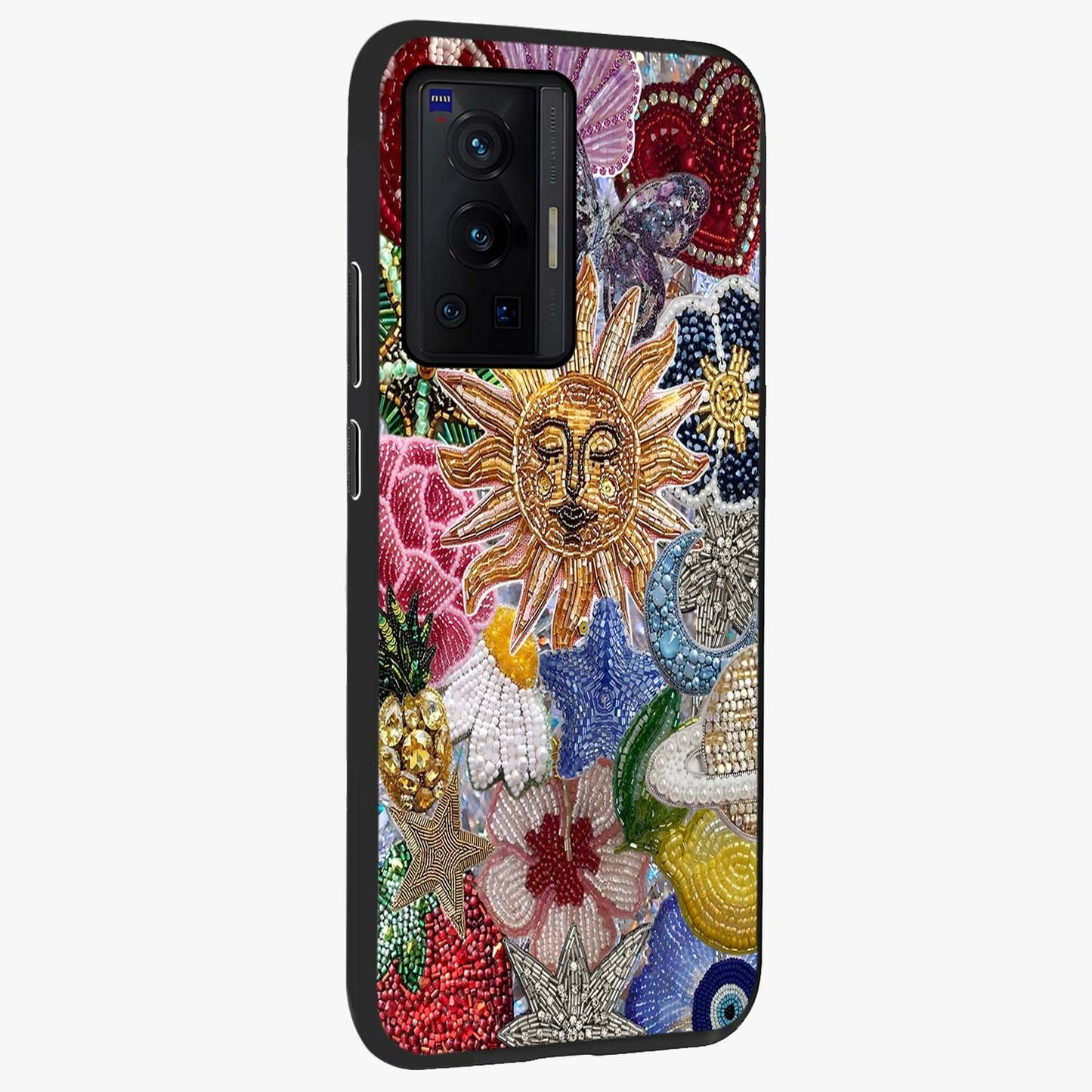 Celestial Floral and Playful Glass Case upright view showcasing whimsical floral artwork with cosmic aesthetic theme.