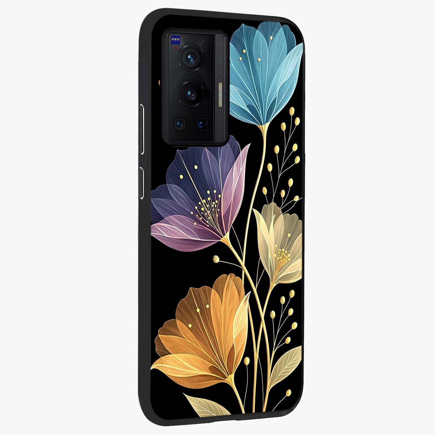 Delicate Multicolor Flowers Glass Case upright view showcasing delicate floral artwork with bright botanical theme.
