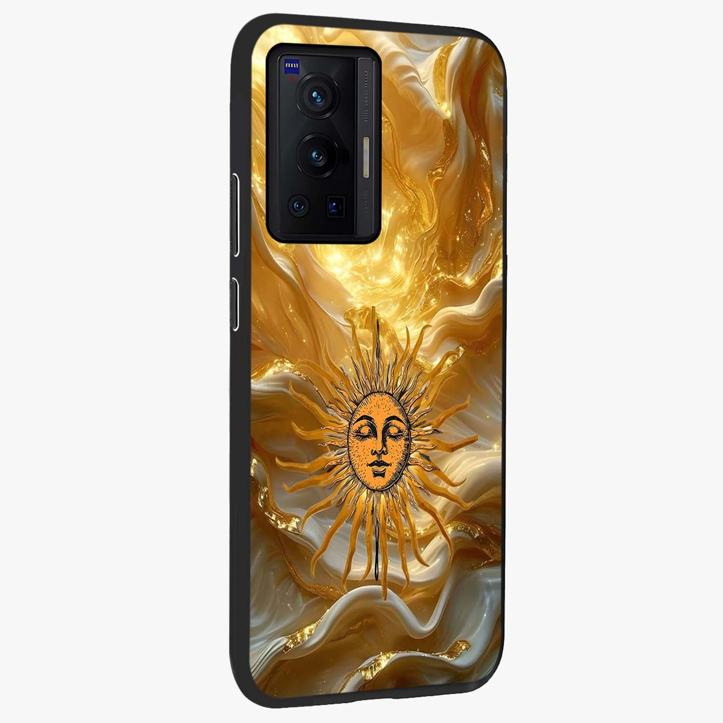 Eternal Golden Glow Glass Case upright view showcasing luminous golden artwork with luxurious visual theme.