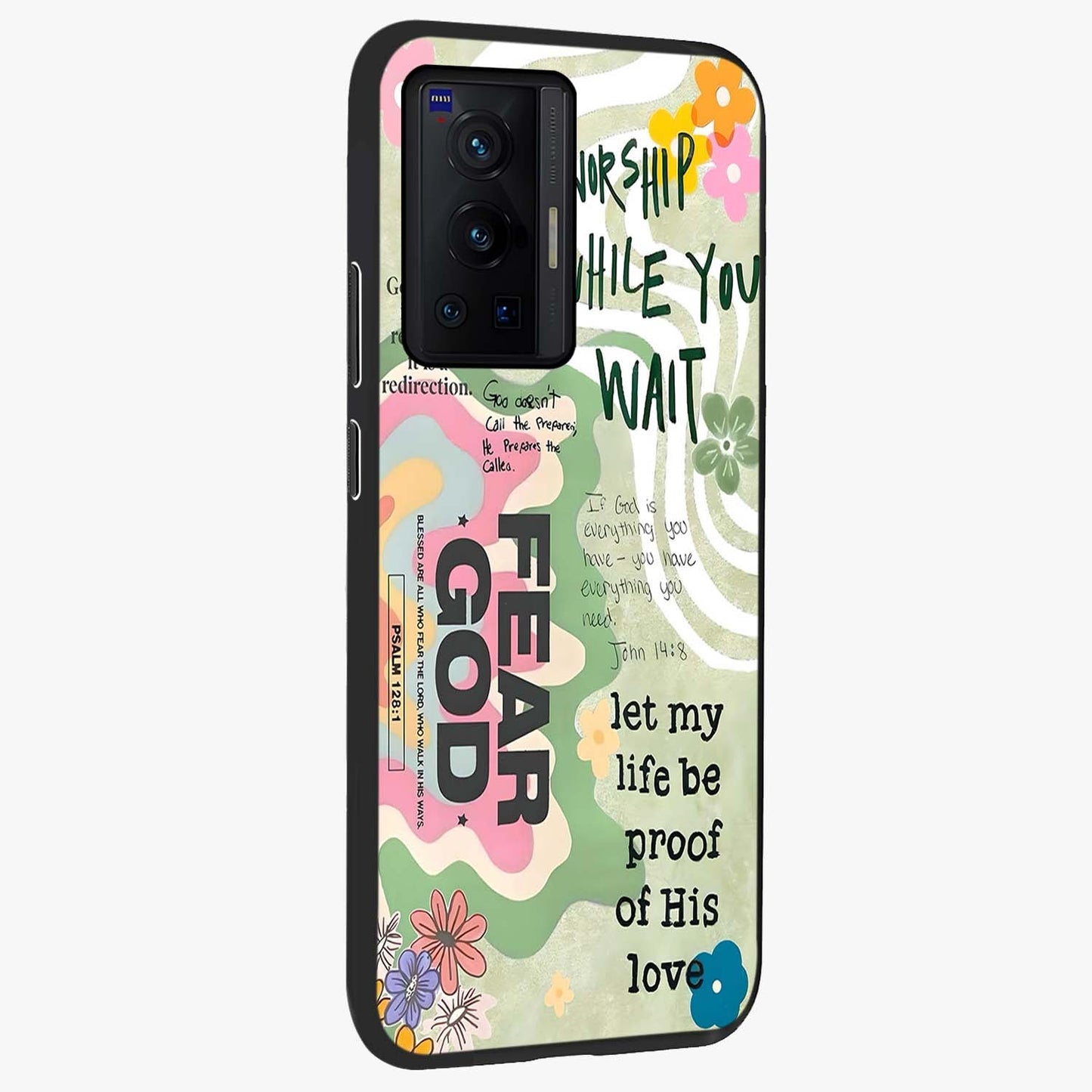 Faith Over Fear Glass Case upright view showcasing bold typography artwork with uplifting motivational theme.
