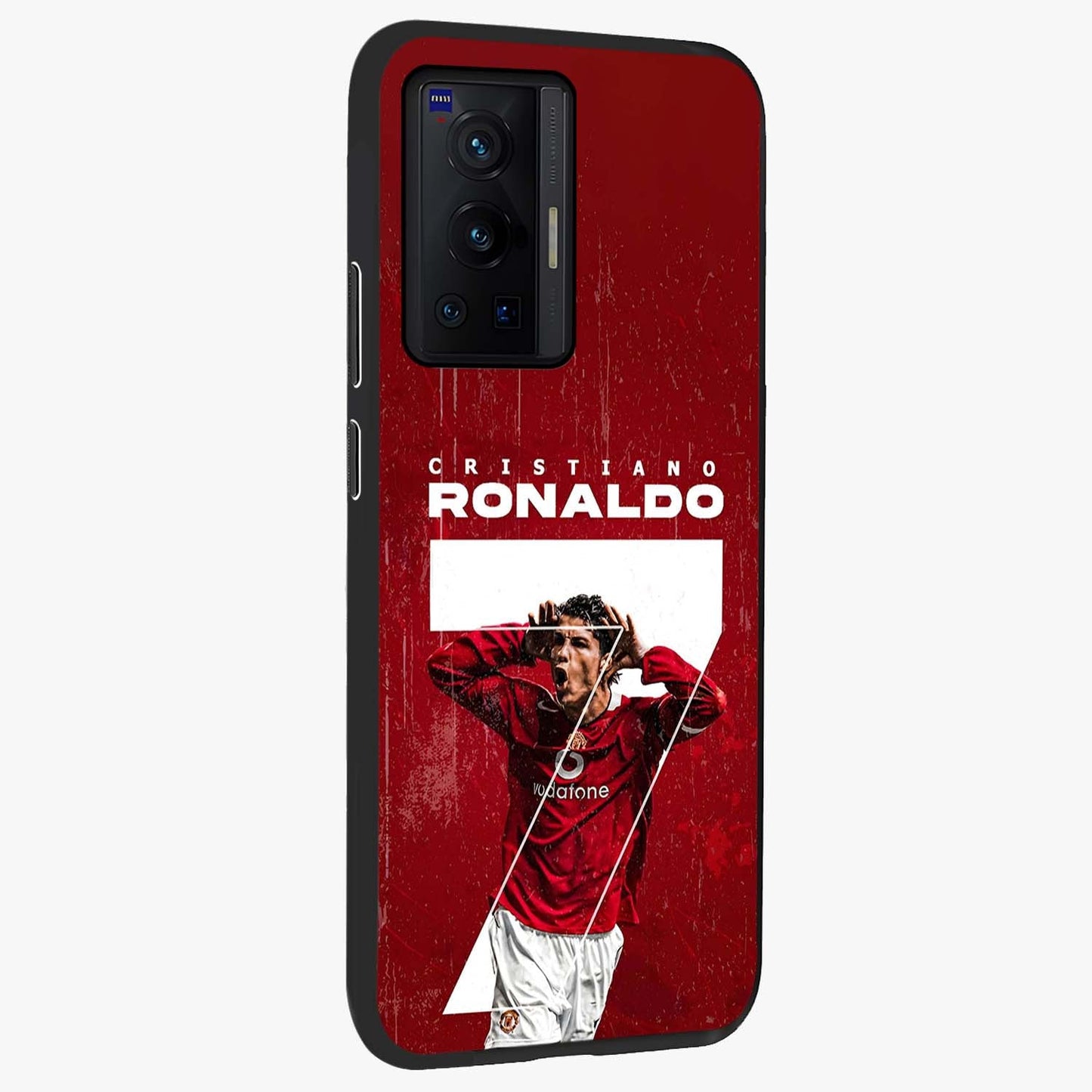 Goal Celebration Legacy Glass Case upright view showcasing dynamic football inspired artwork with victory celebration aesthetic.