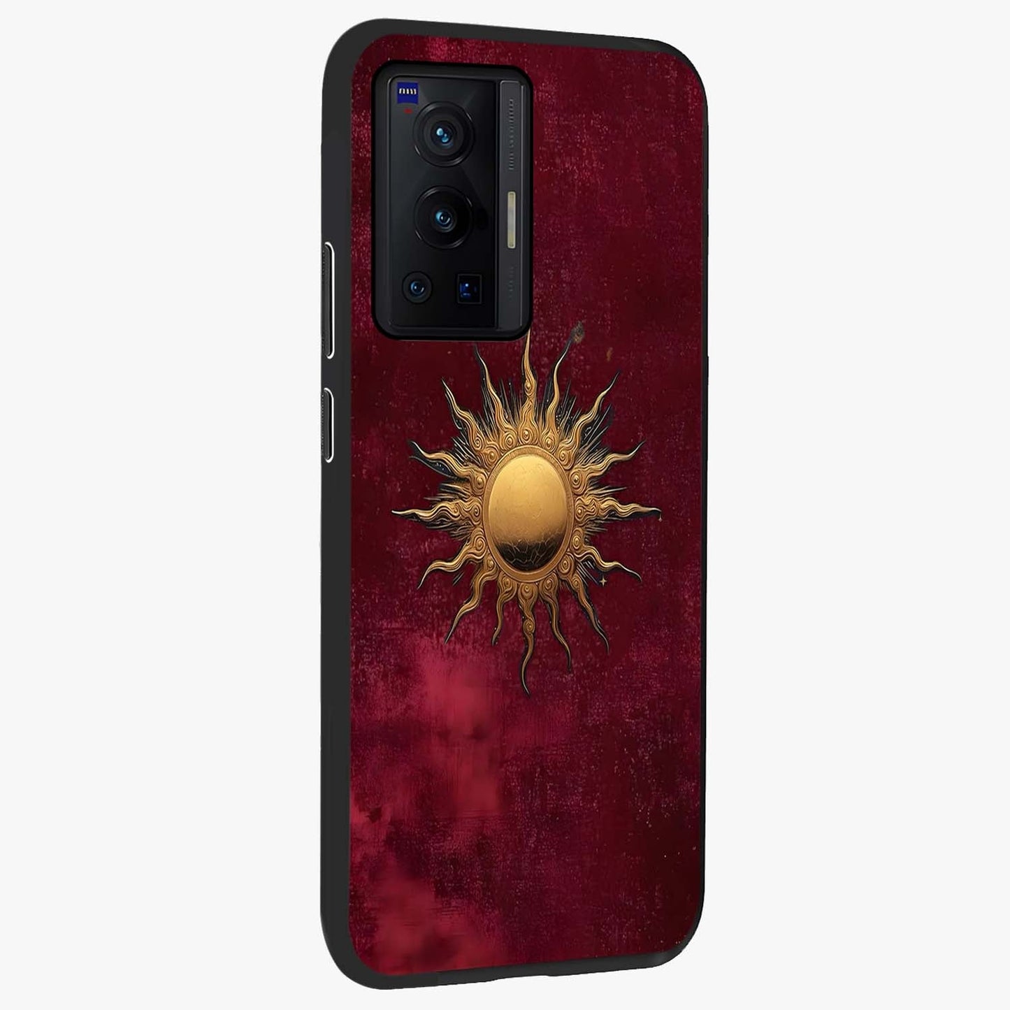 Golden Sun Minimalism Glass Case upright view showcasing simple golden sun artwork with elegant minimalist style.