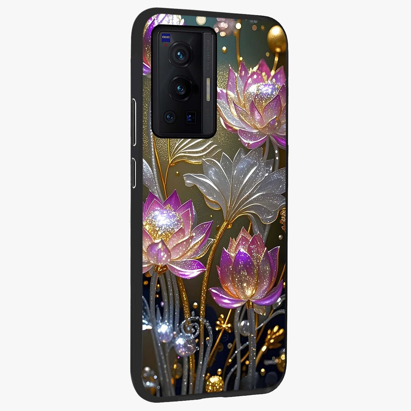Golden Floral Majesty Glass Case upright view showcasing majestic floral artwork with rich decorative theme.
