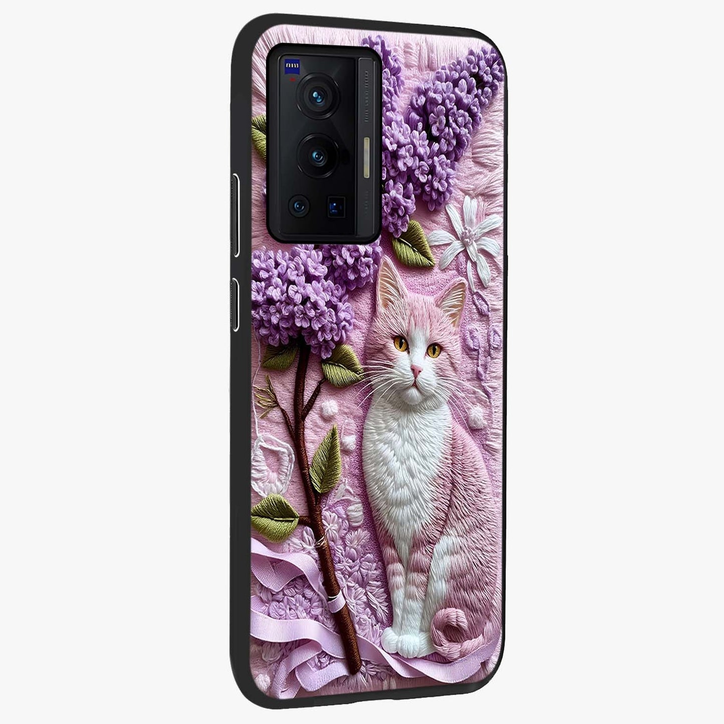 Lavender Cat Whimsy Glass Case upright view showcasing charming cat artwork with whimsical lavender theme.