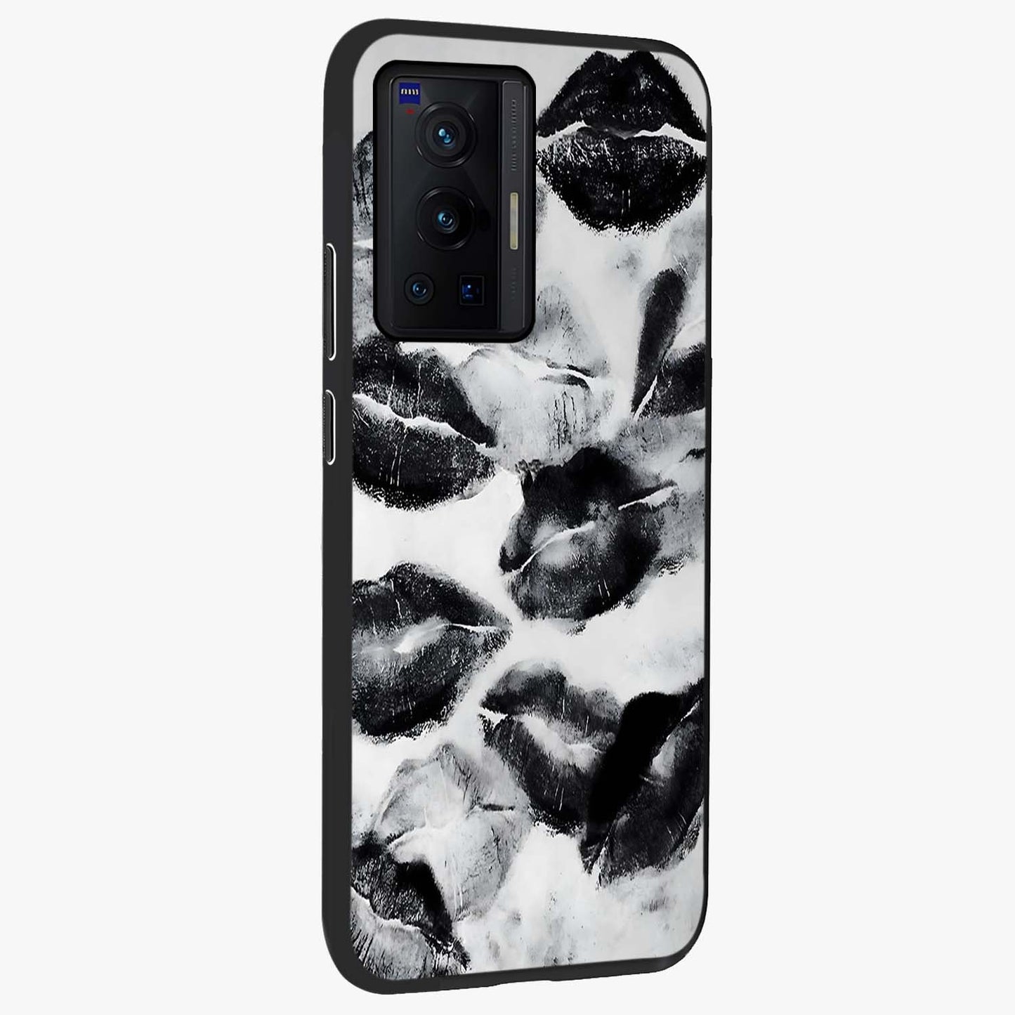 Midnight Kiss Marks Glass Case upright view showcasing stylish kiss mark artwork with trendy romantic theme.