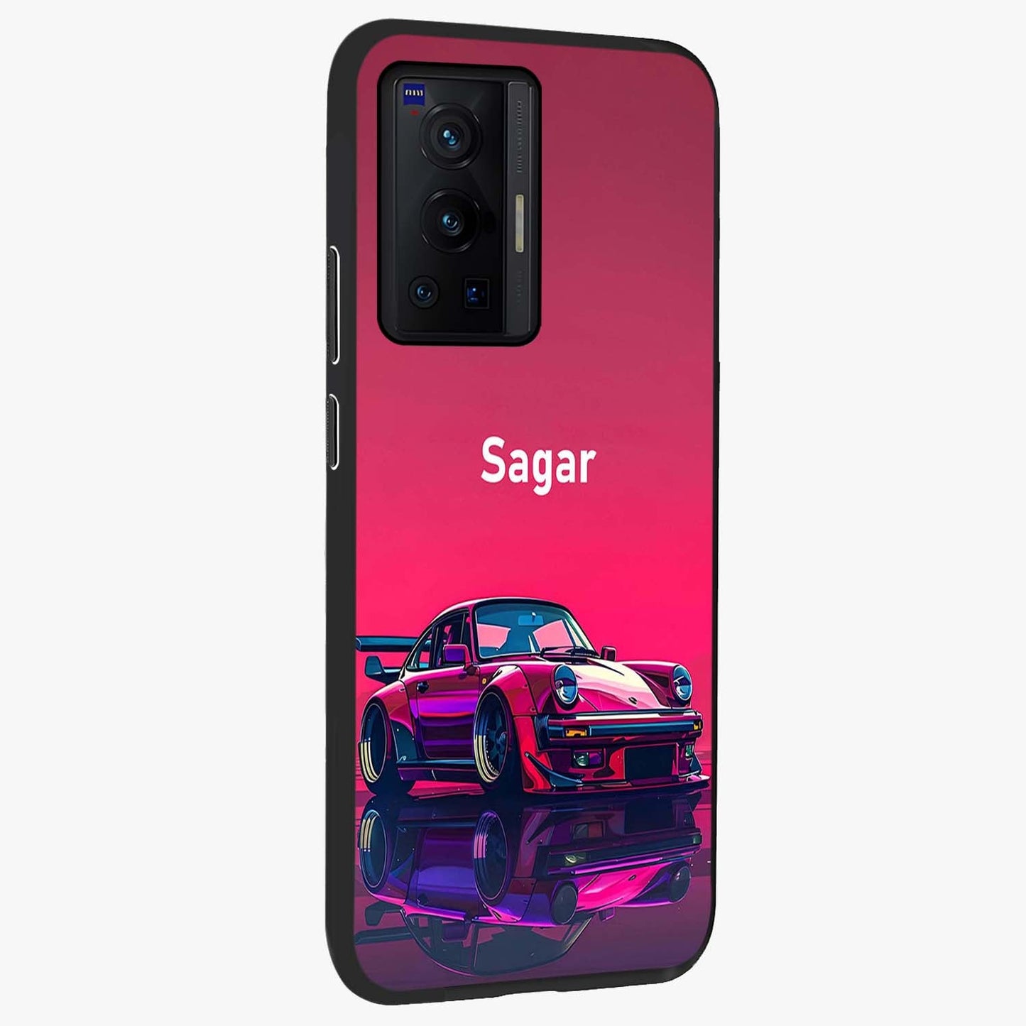 Neon Pink Porsche Glass Case upright view showcasing vibrant sports car artwork with bold automotive theme.