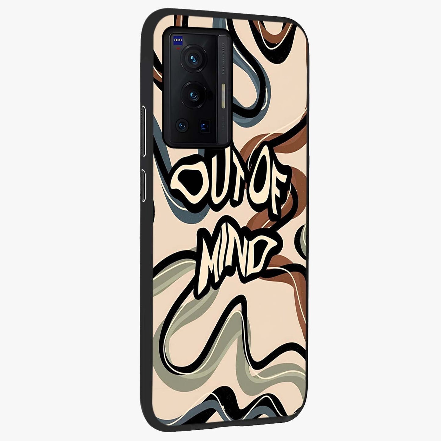 Out Of Mind Glass Case upright view showcasing striking typography artwork with edgy conceptual theme.
