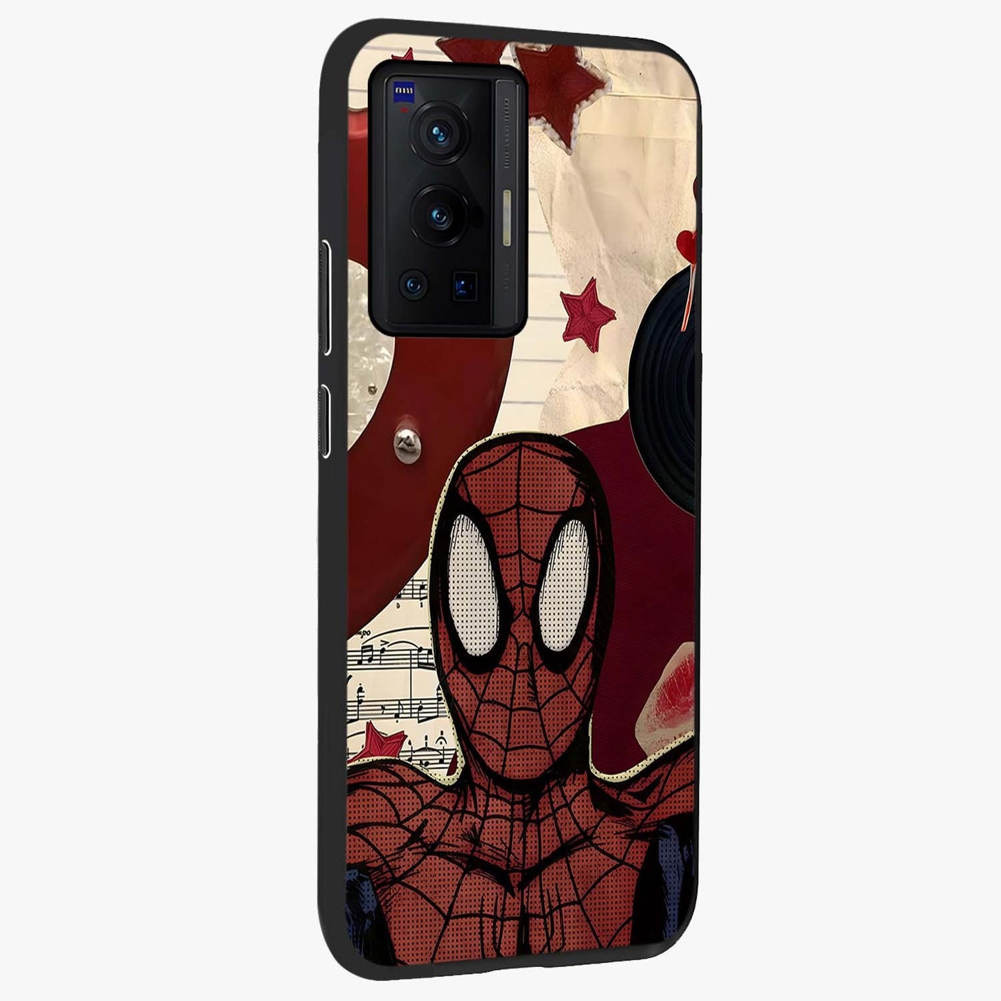 Web Warrior Vibes Glass Case upright view showcasing energetic superhero artwork with bold action theme.