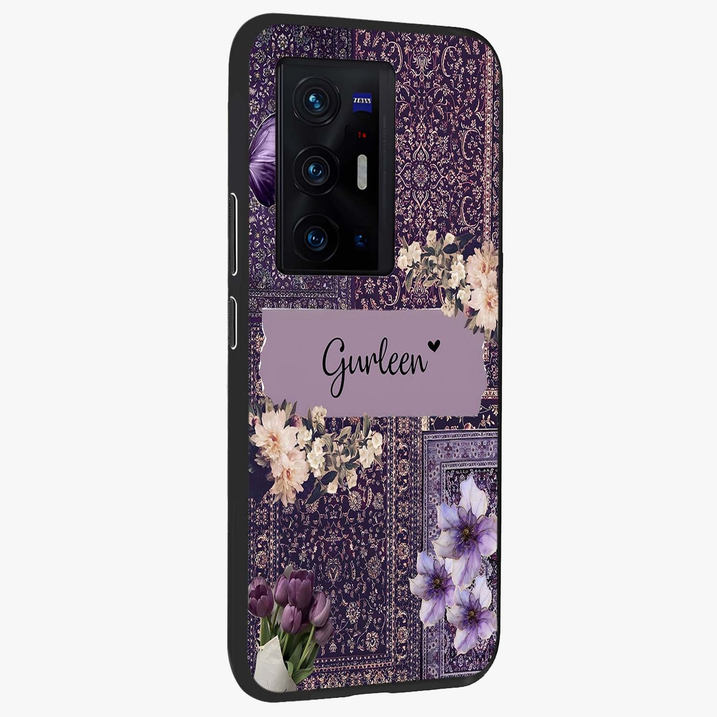 Antique Floral Whisper Custom Name Glass Case upright view showcasing delicate floral artwork with custom name feature.