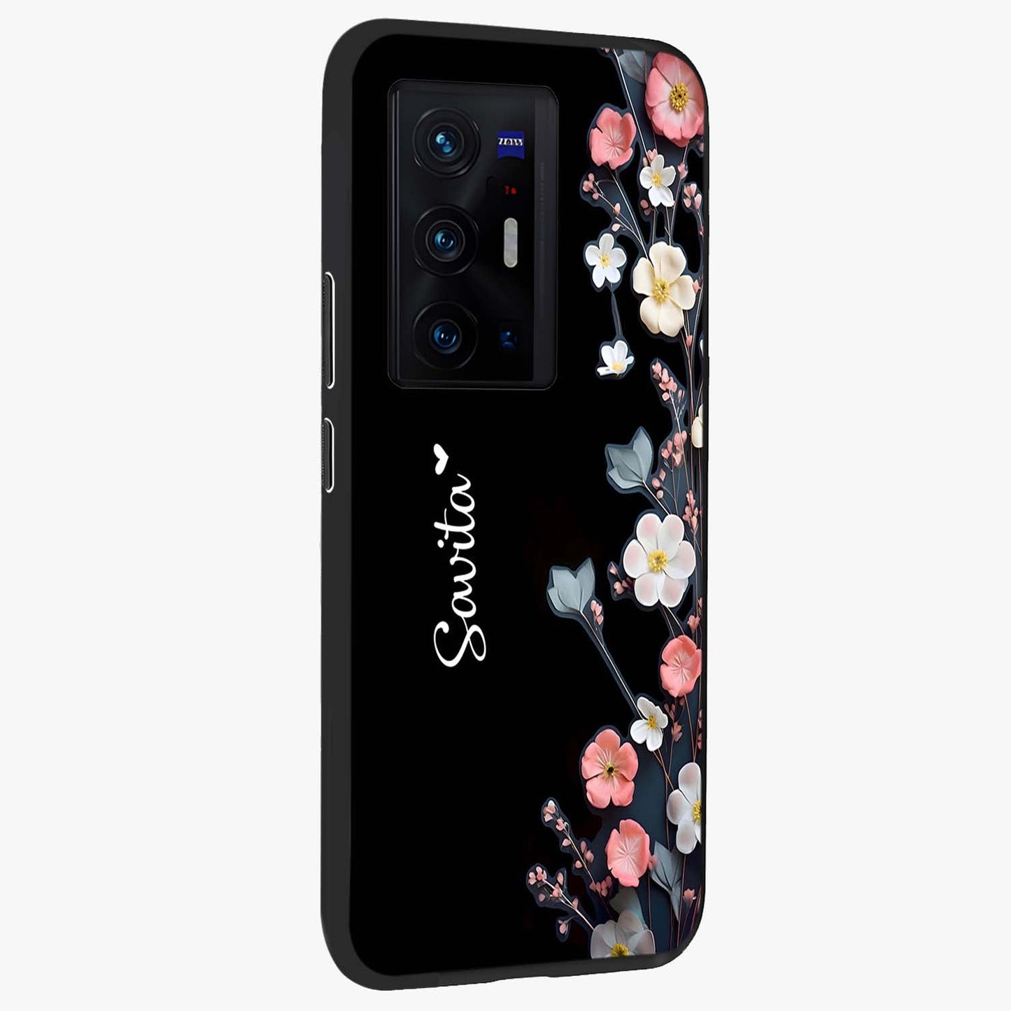 Black Elegance Floral Custom Name Glass Case upright view showcasing luxurious black floral design with personalized name detail.