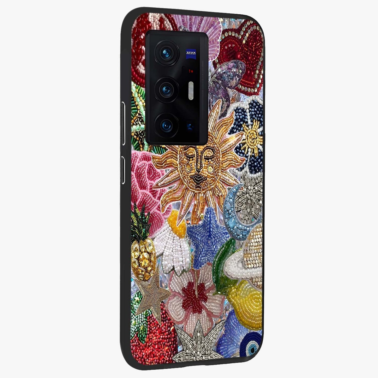 Celestial Floral and Playful Glass Case upright view showcasing whimsical floral artwork with cosmic aesthetic theme.