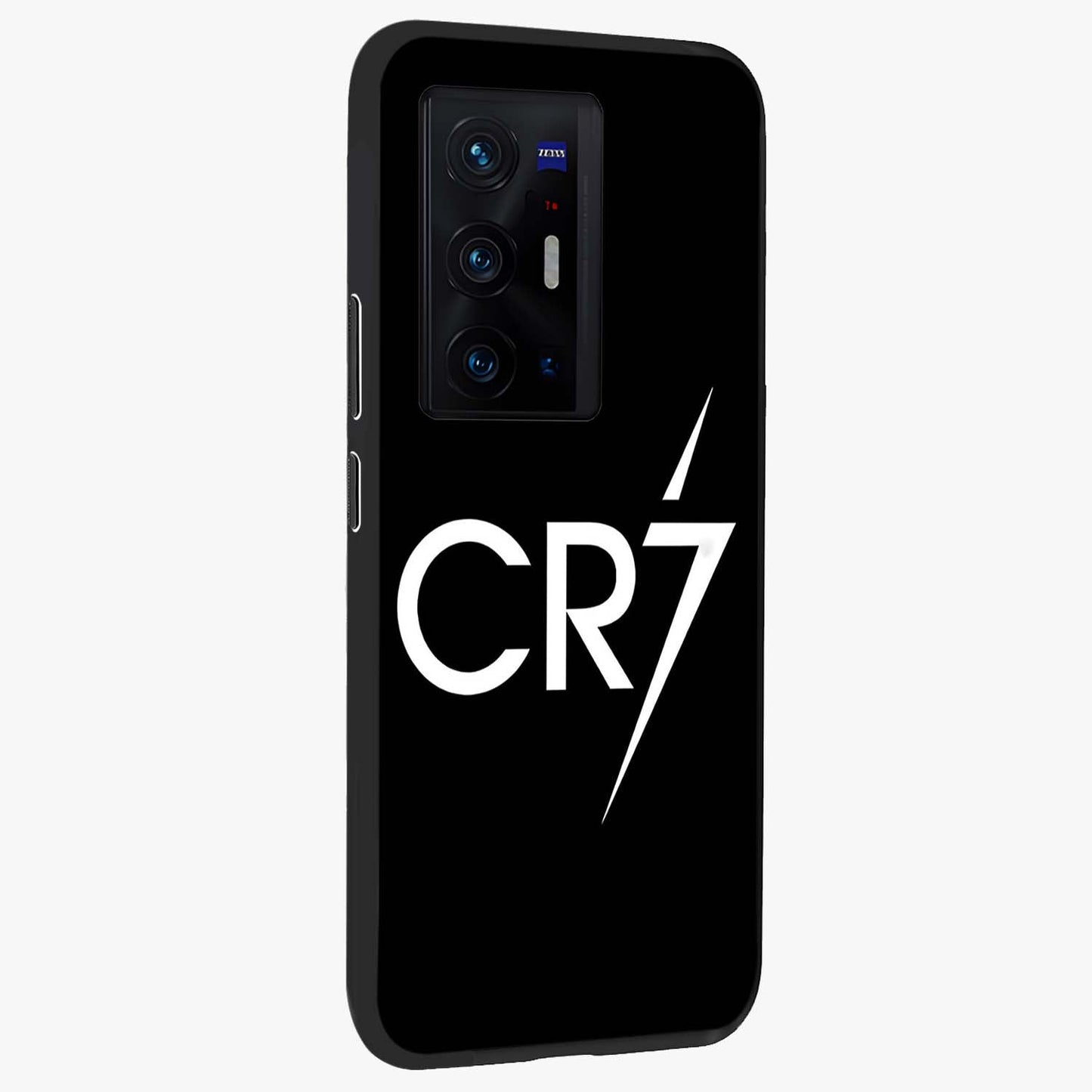 Cr7 Elite Strike Glass Case upright view showcasing energetic football inspired design with modern sports aesthetic.