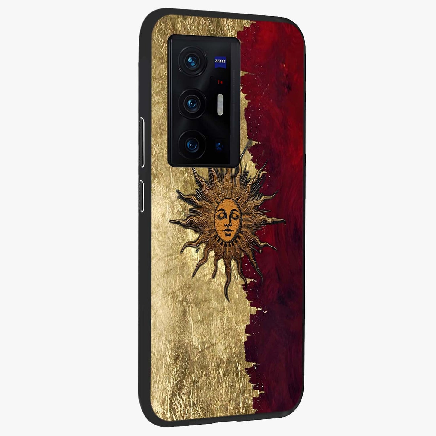 Crimson Sun Majesty Glass Case upright view showcasing vibrant sun artwork with powerful celestial theme.
