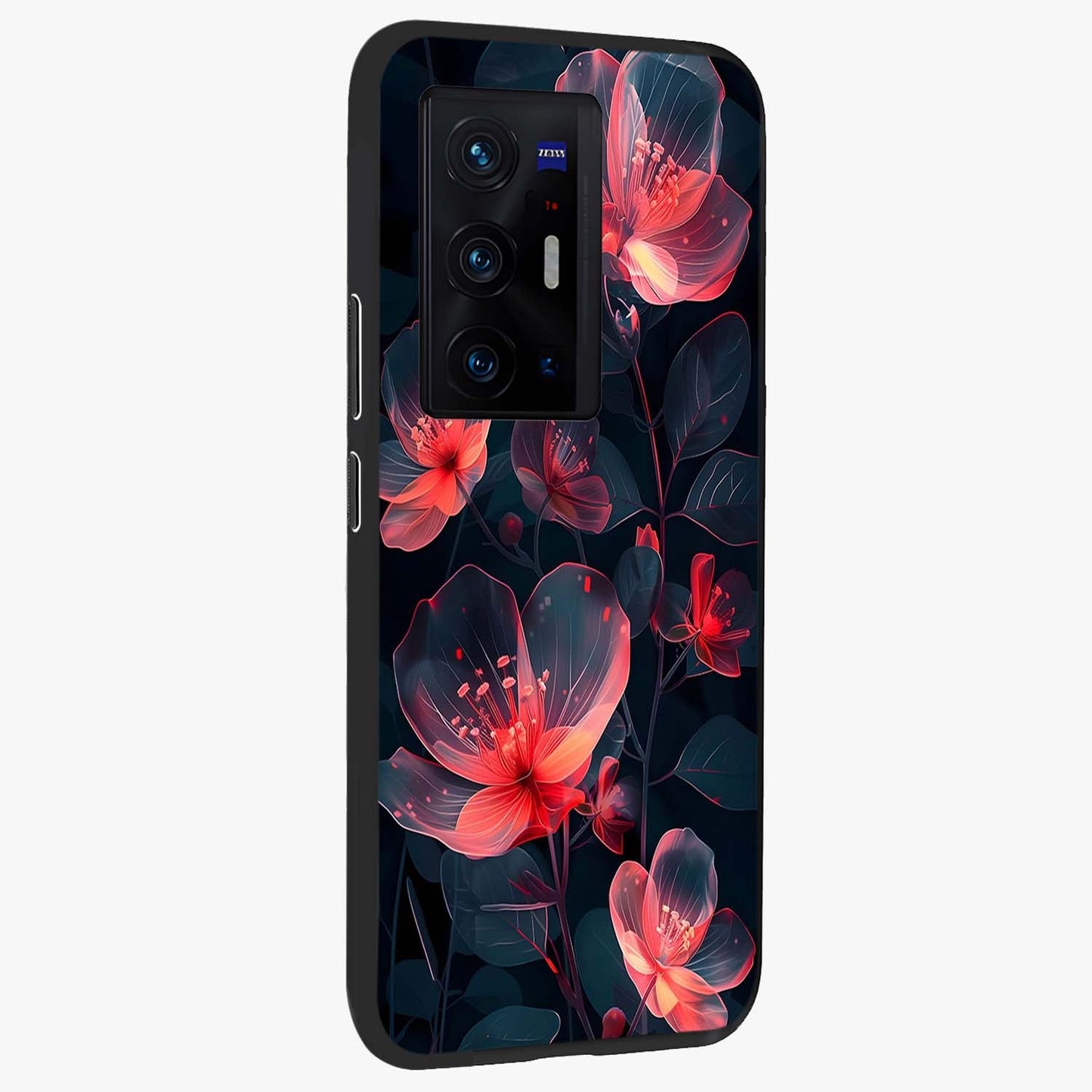 Dark Shade of Flower Glass Case upright view showcasing delicate flower artwork with rich dark floral theme.
