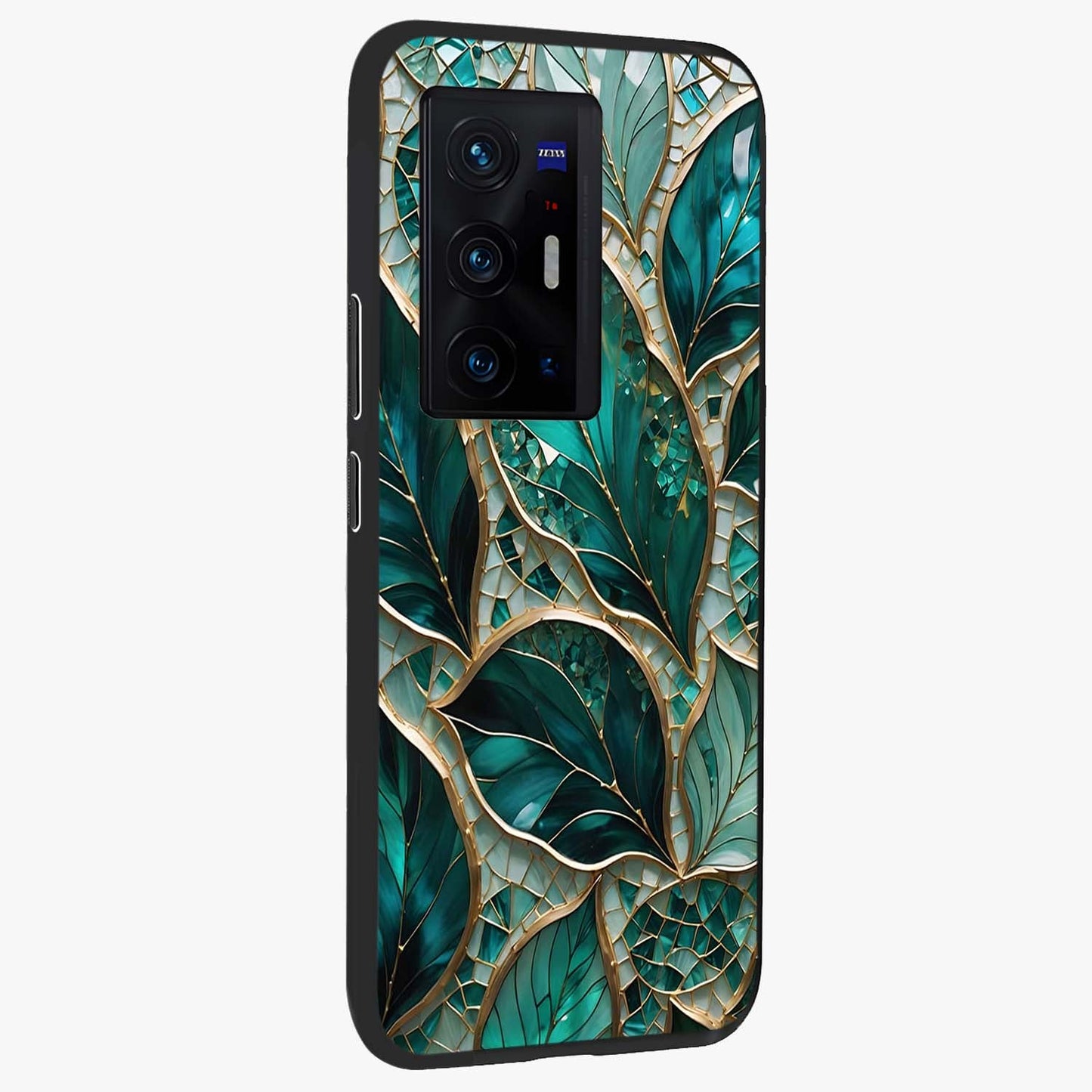 Emerald Leaf Glass Glass Case upright view showcasing fresh green leaf artwork with calming nature inspired style.
