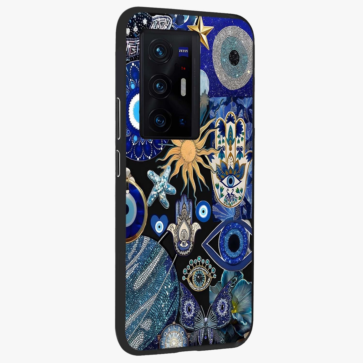 Evil Eye Charm Mix Glass Case upright view showcasing mystical evil eye pattern with vibrant decorative style.