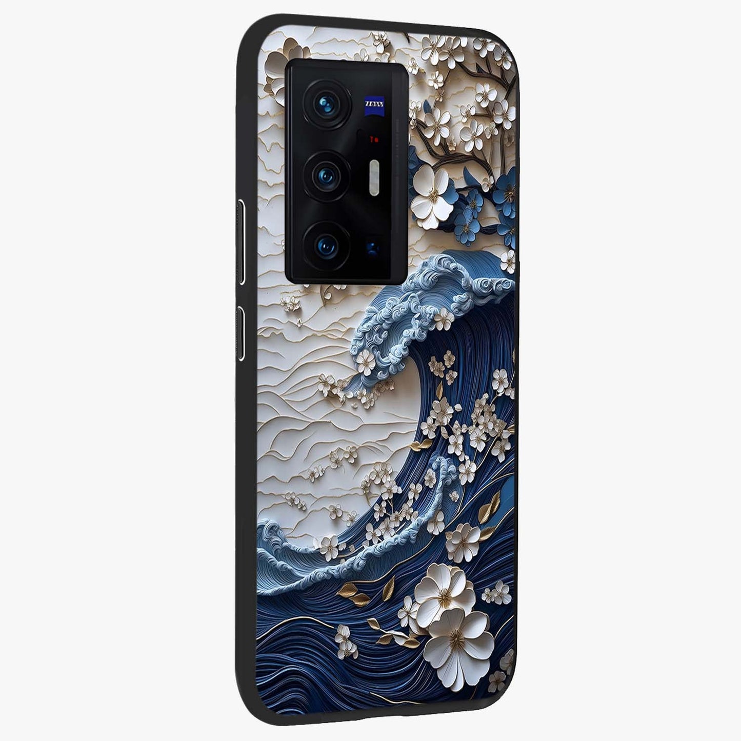 Floral Wave Origami Glass Case upright view showcasing creative floral origami artwork with artistic decorative theme.