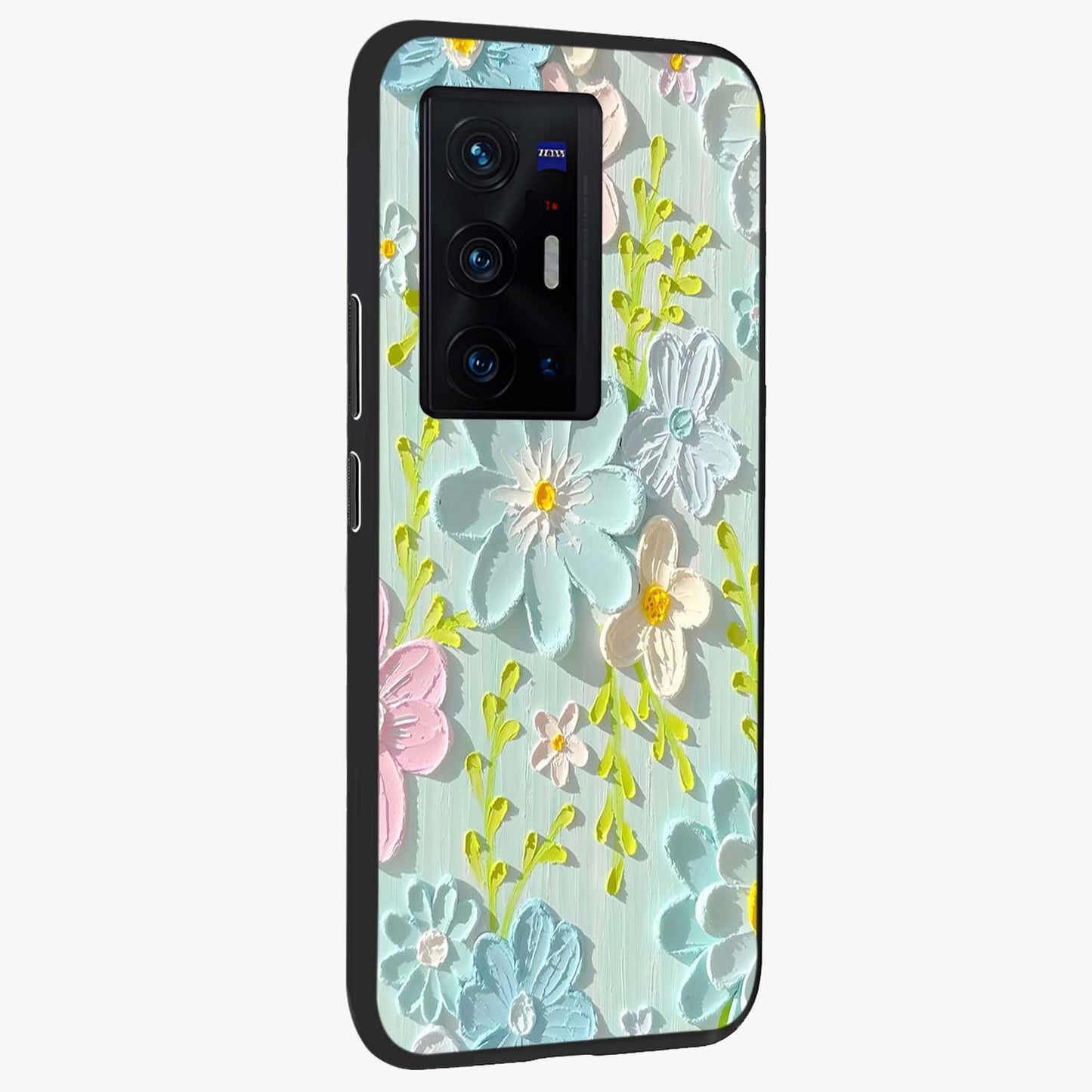 Frosted Petal Garden Glass Case upright view showcasing elegant floral garden artwork with soothing pastel theme.