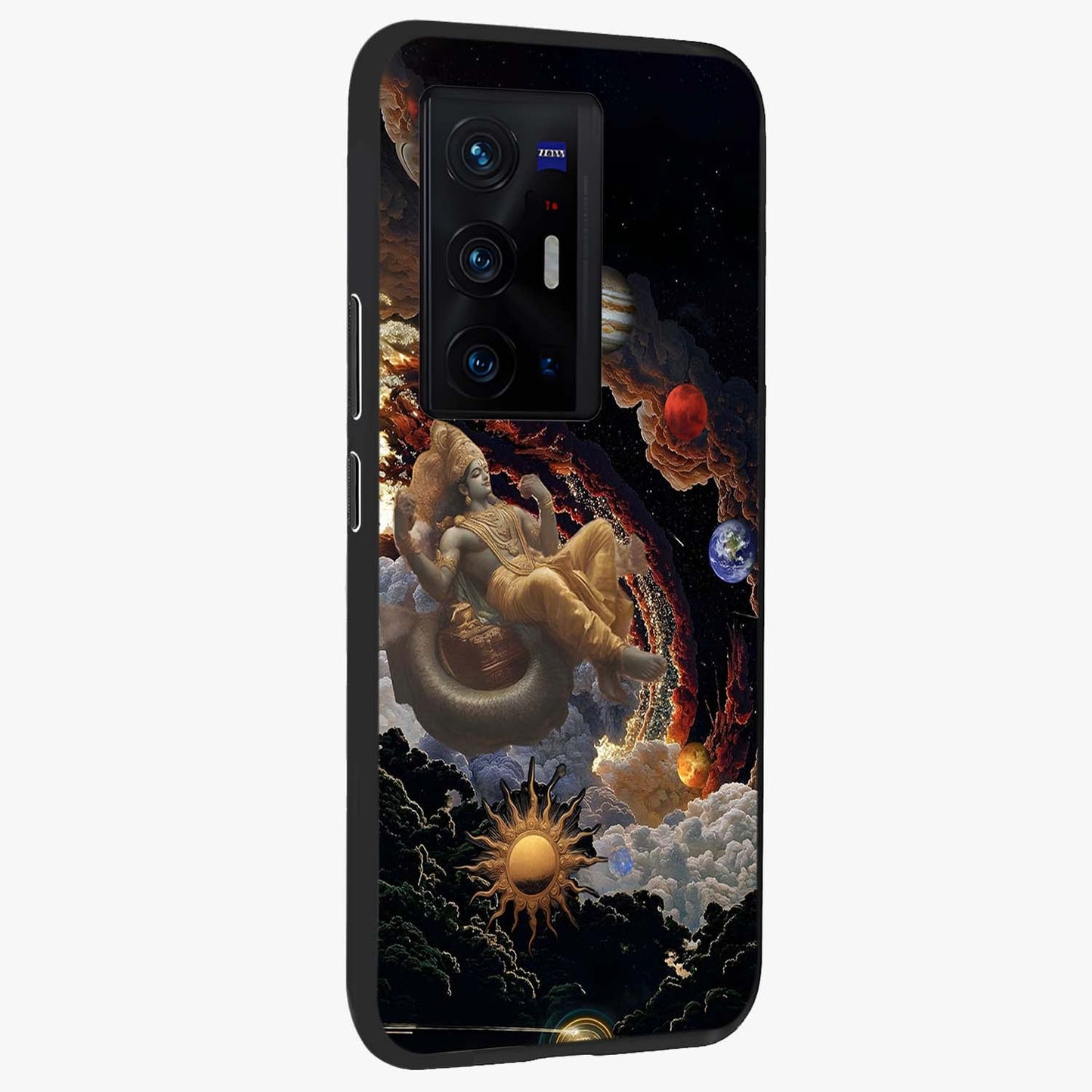 Galactic Divine God Glass Case upright view showcasing mystical divine artwork with dramatic cosmic theme.