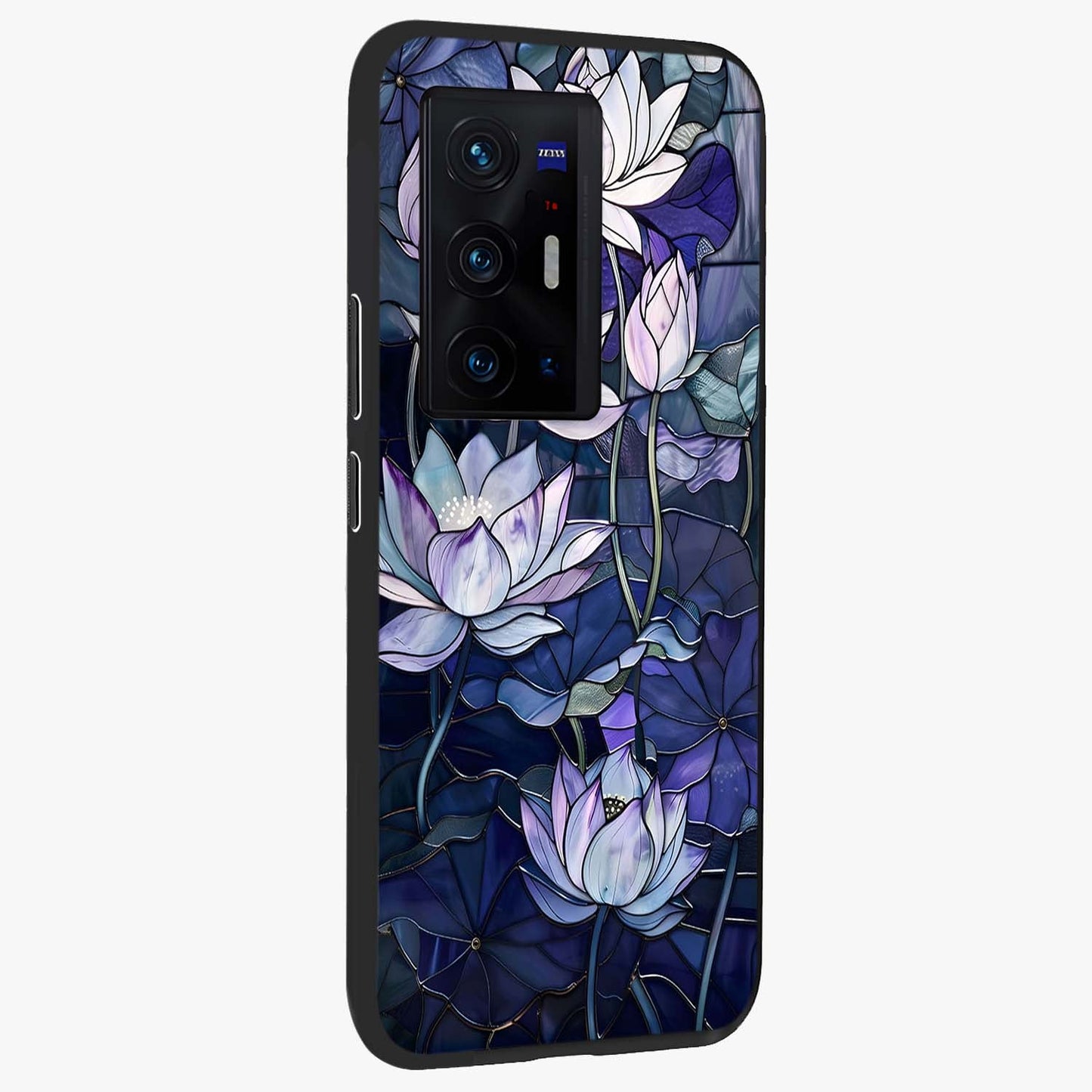 Gloss Petal Rush Glass Case upright view showcasing dynamic floral petal artwork with modern botanical theme.