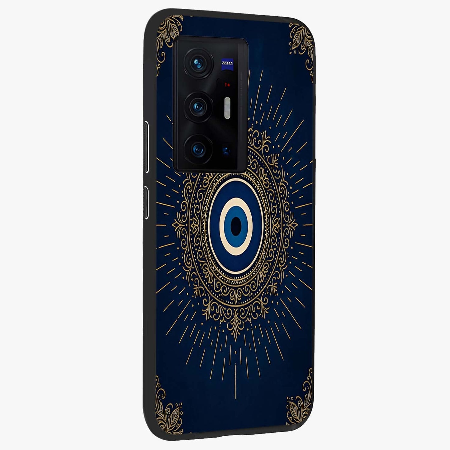 Golden Celestial Charm Glass Case upright view showcasing radiant celestial artwork with elegant golden theme.
