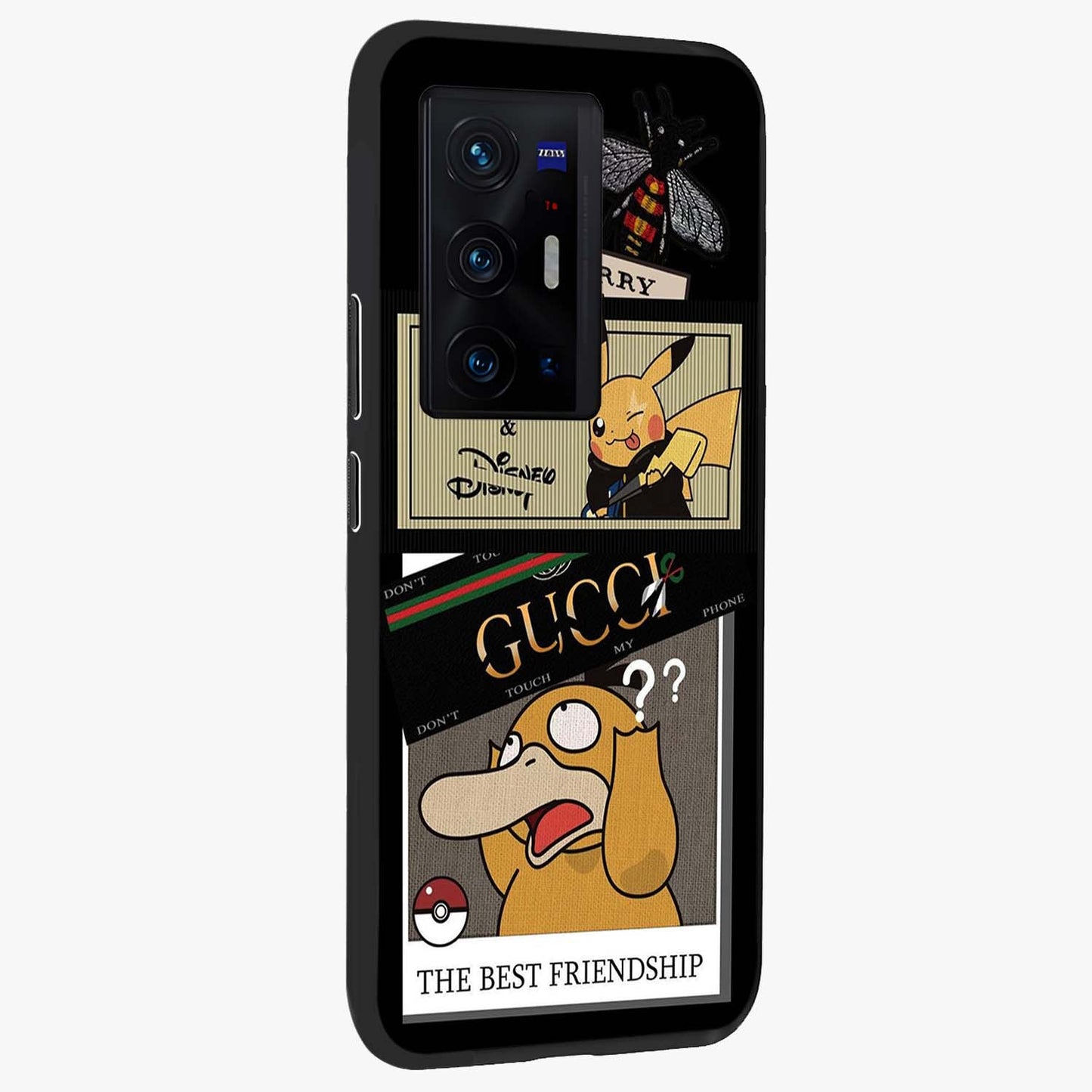 Gucci Play Mashup Glass Case upright view showcasing trendy luxury inspired artwork with modern fashion theme.