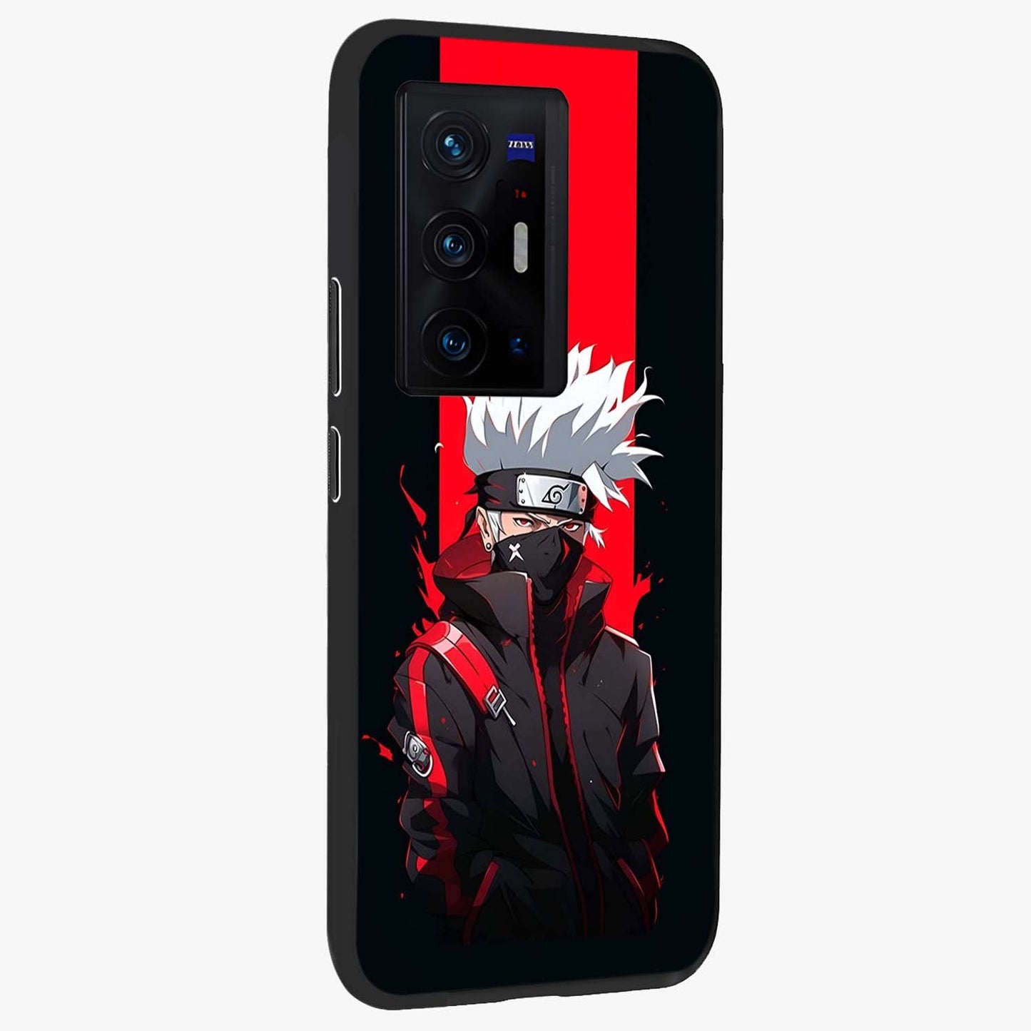 Kakashi Scarlet Shadow Glass Case upright view showcasing intense anime ninja artwork with dark action theme.