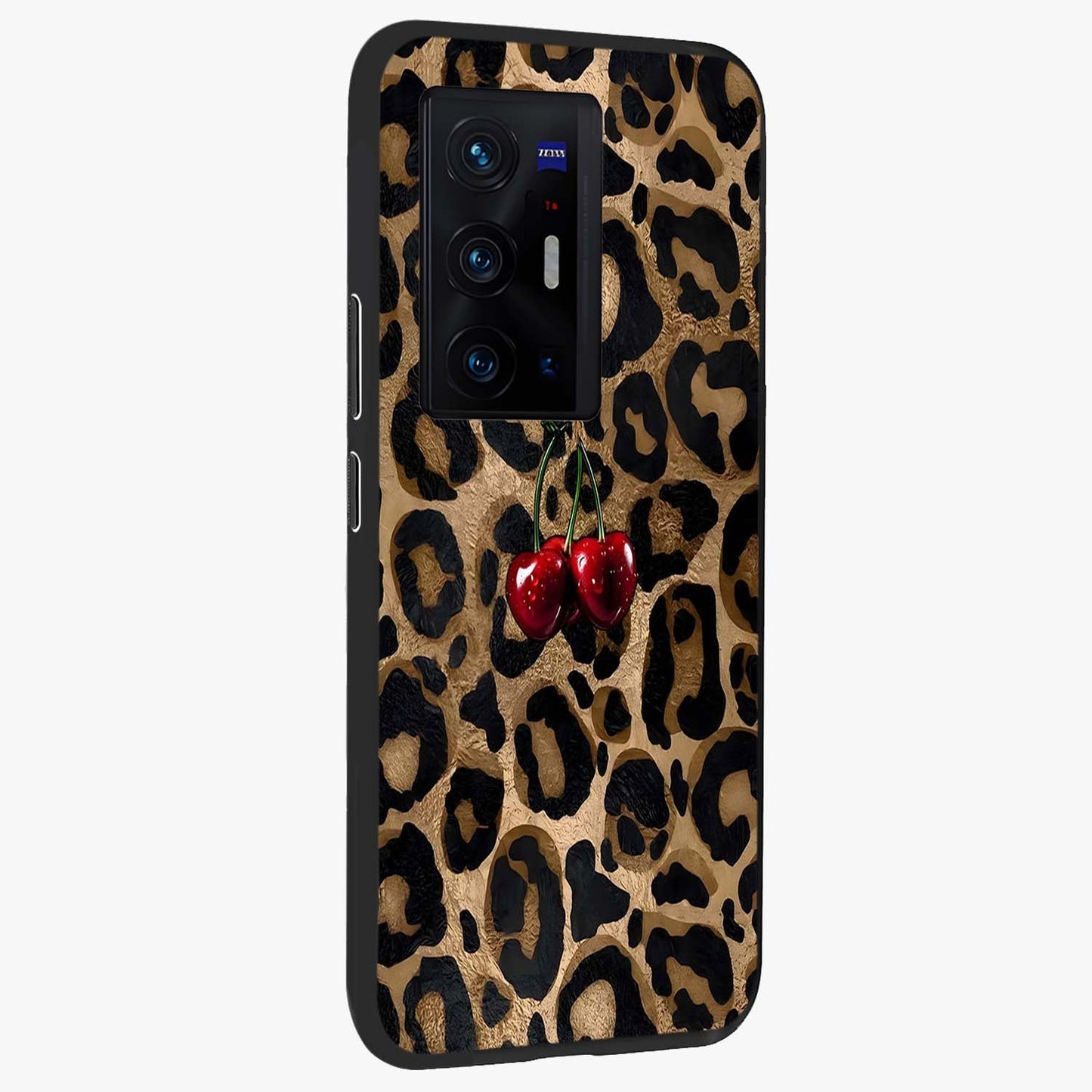 Leopard Wild Cherry Glass Case upright view showcasing stylish leopard pattern artwork with trendy fashion theme.