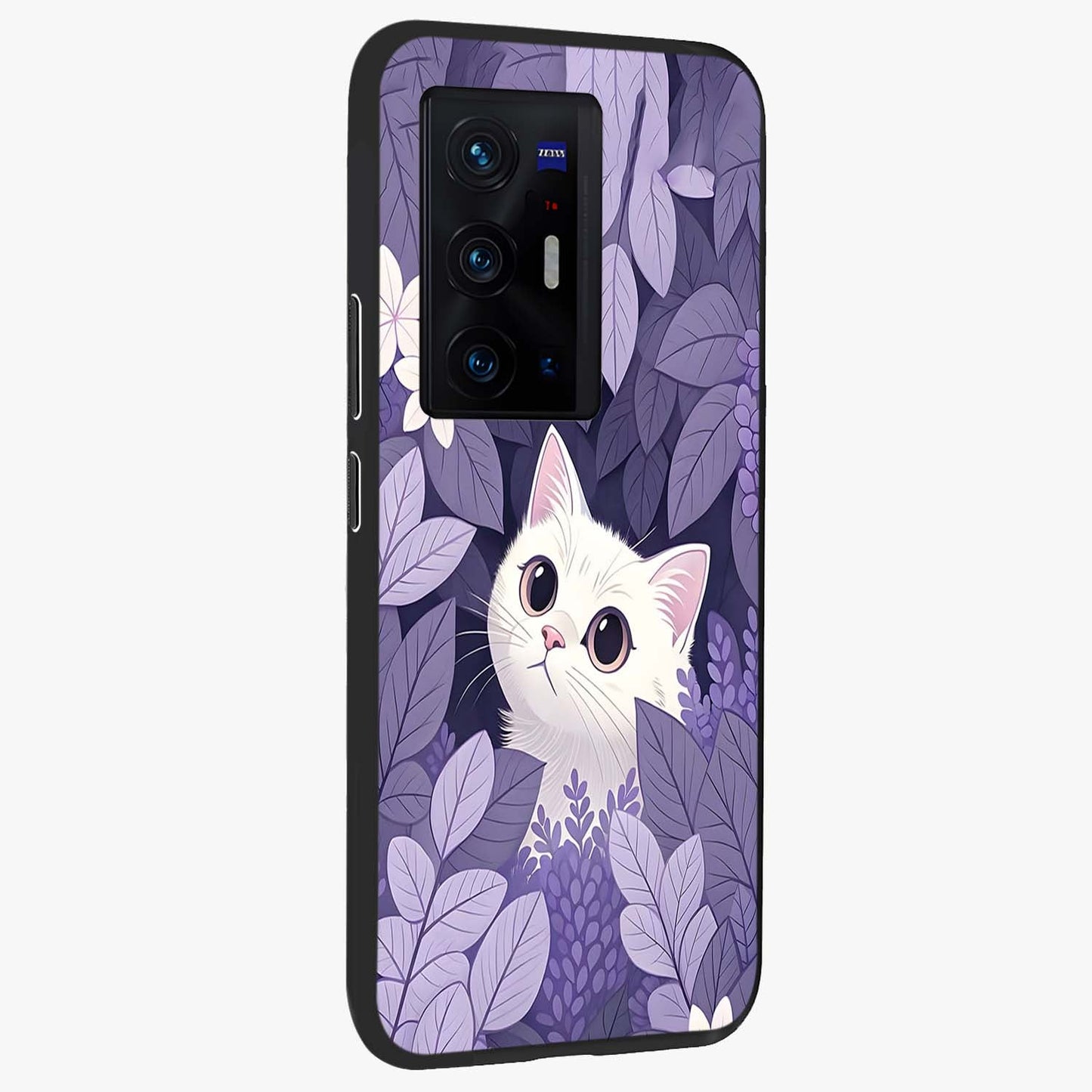Lilac Hide Peek Cat Glass Case upright view showcasing charming cat artwork with adorable peek theme.