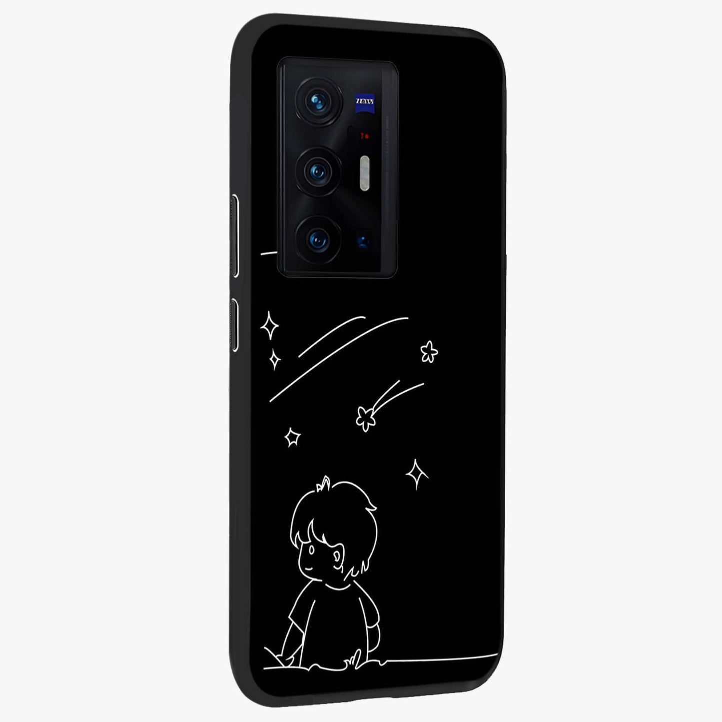 Line Art Boy With Shooting Stars Glass Case upright view showcasing artistic shooting star illustration with minimal style.
