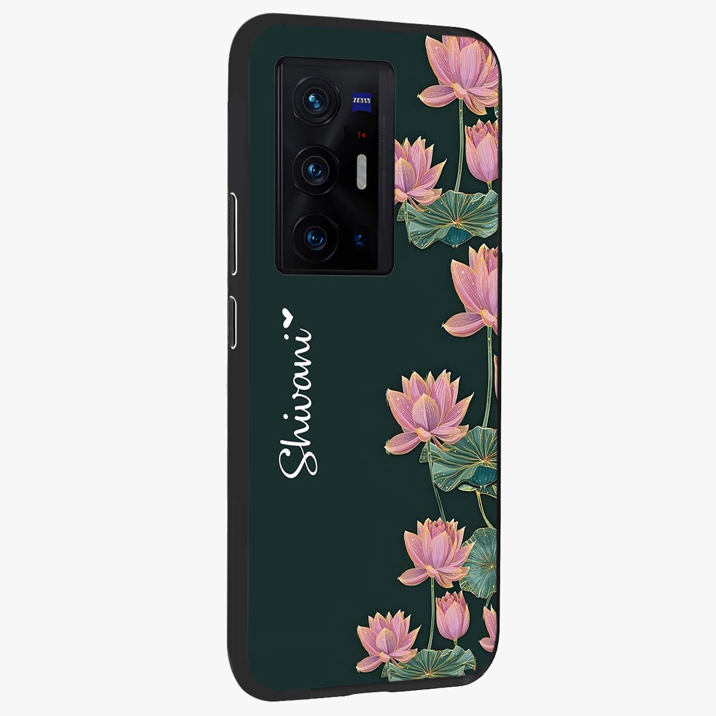 Lotus Bloom Serenity Custom Name Glass Case upright view showcasing serene lotus bloom artwork with personalized floral aesthetic.