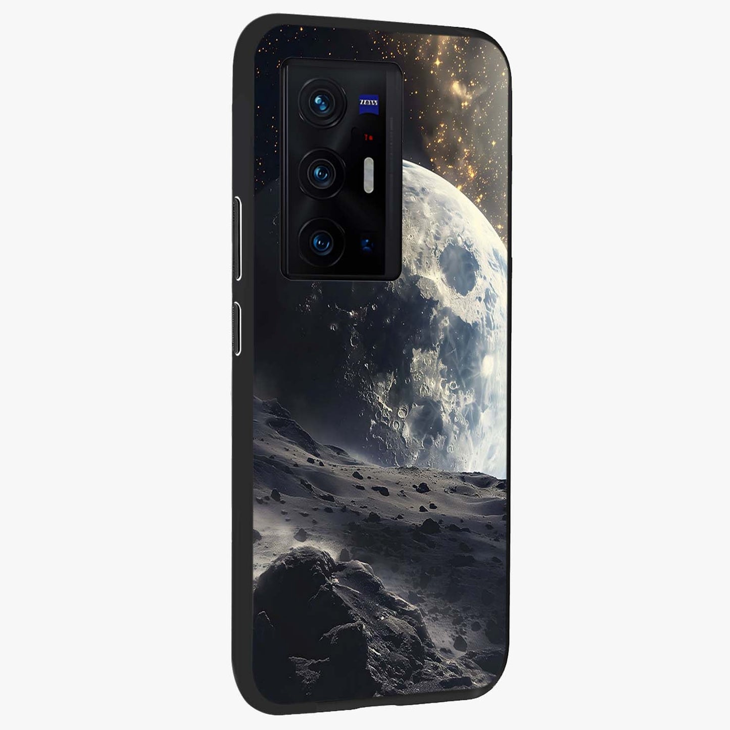 Lunar Horizon Glow Glass Case upright view showcasing radiant lunar artwork with calm cosmic theme.