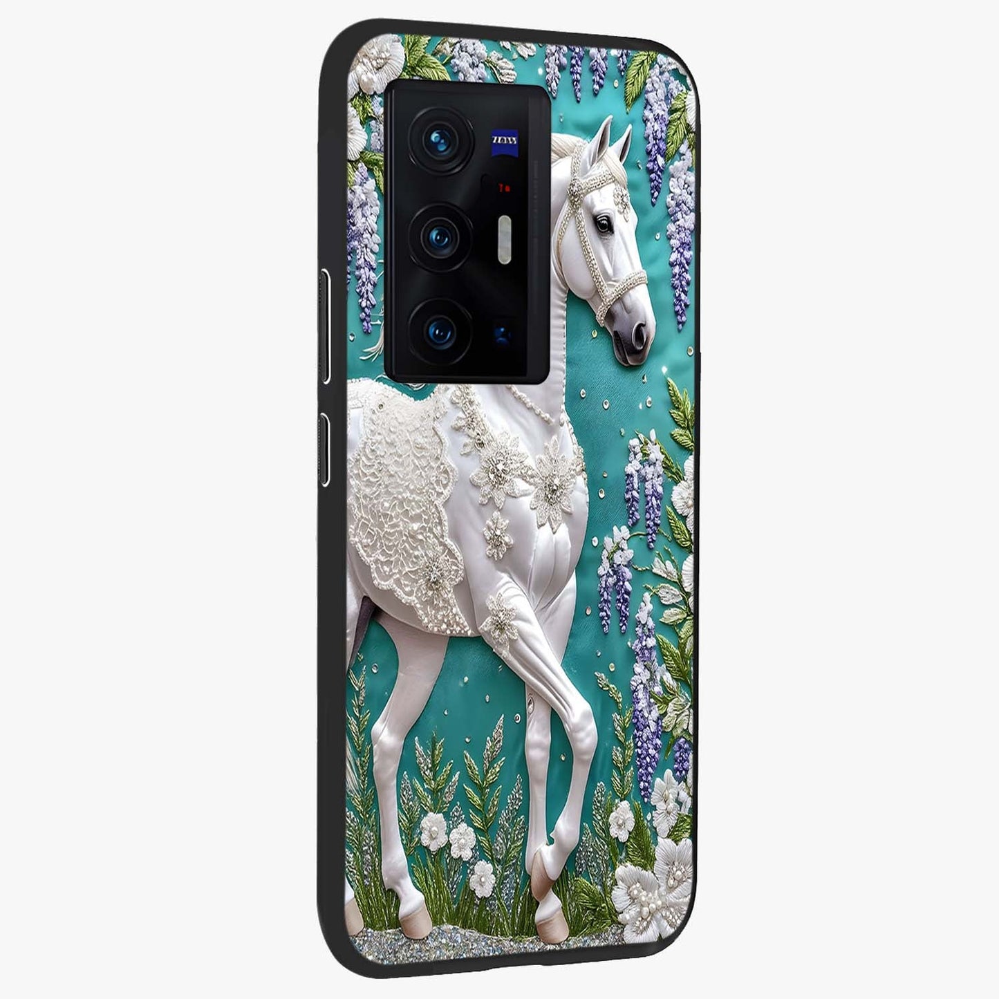 Majestic Floral Stallion Glass Case upright view showcasing dramatic horse artwork with decorative floral theme.