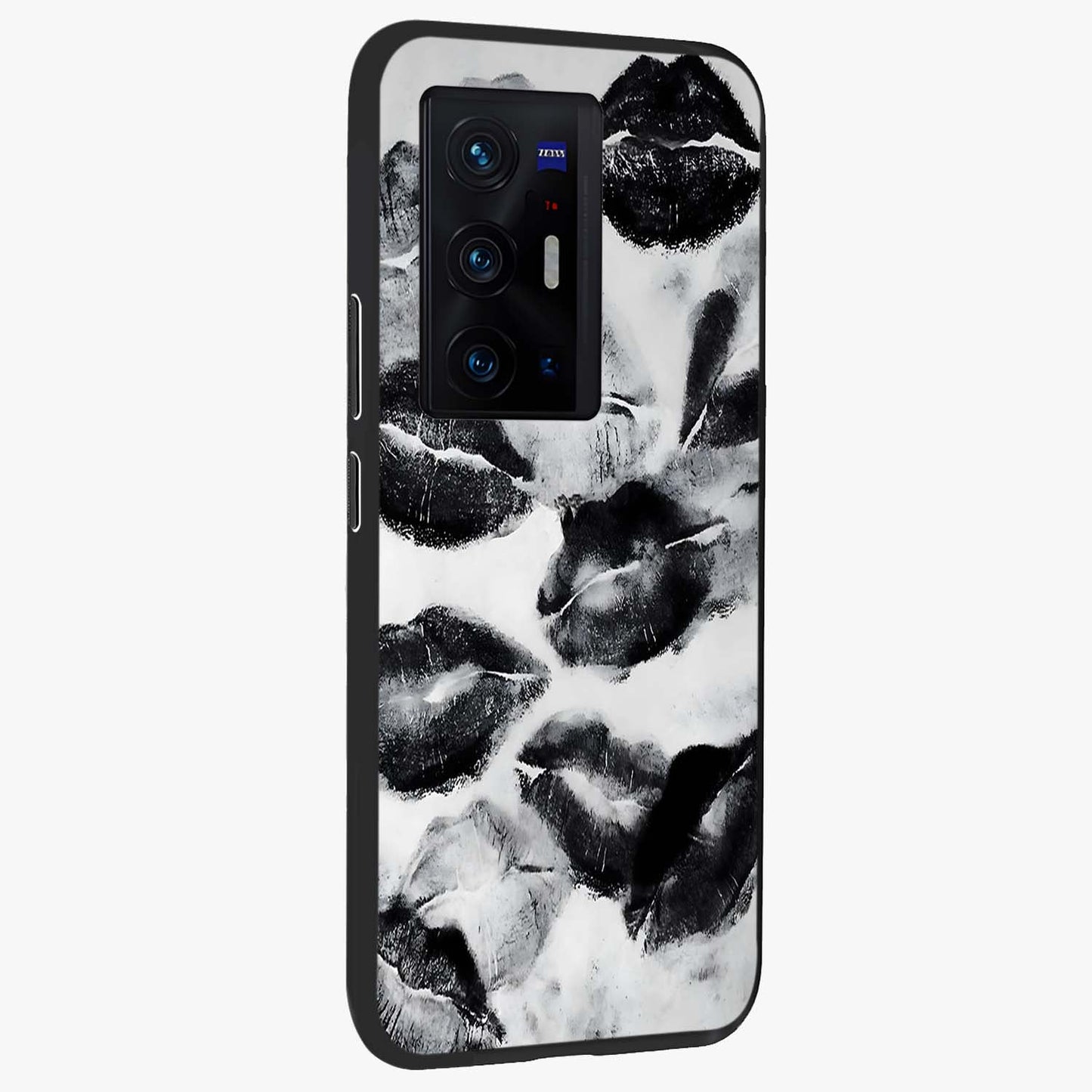 Midnight Kiss Marks Glass Case upright view showcasing stylish kiss mark artwork with trendy romantic theme.