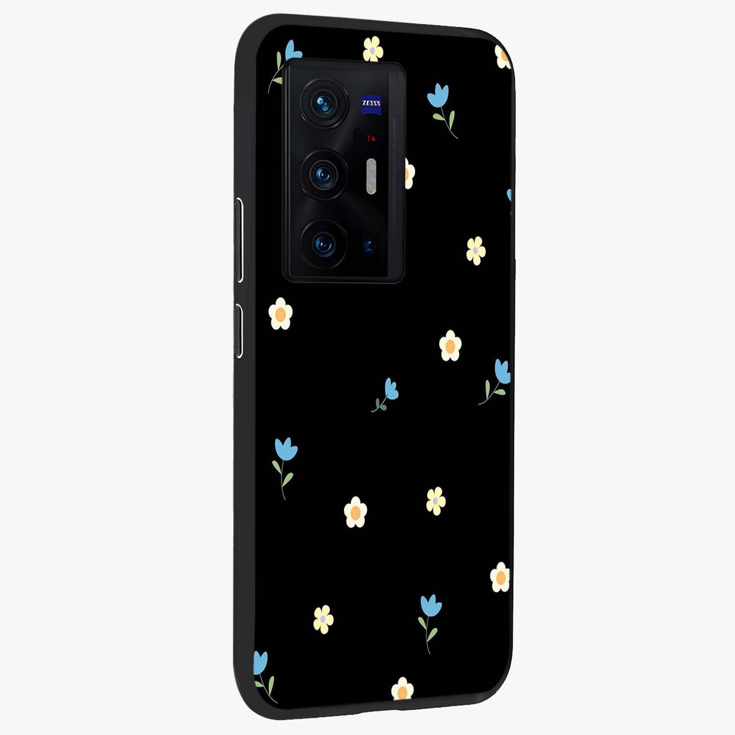 Minimal Petal Whispers Glass Case upright view showcasing elegant floral artwork with modern minimalist style.