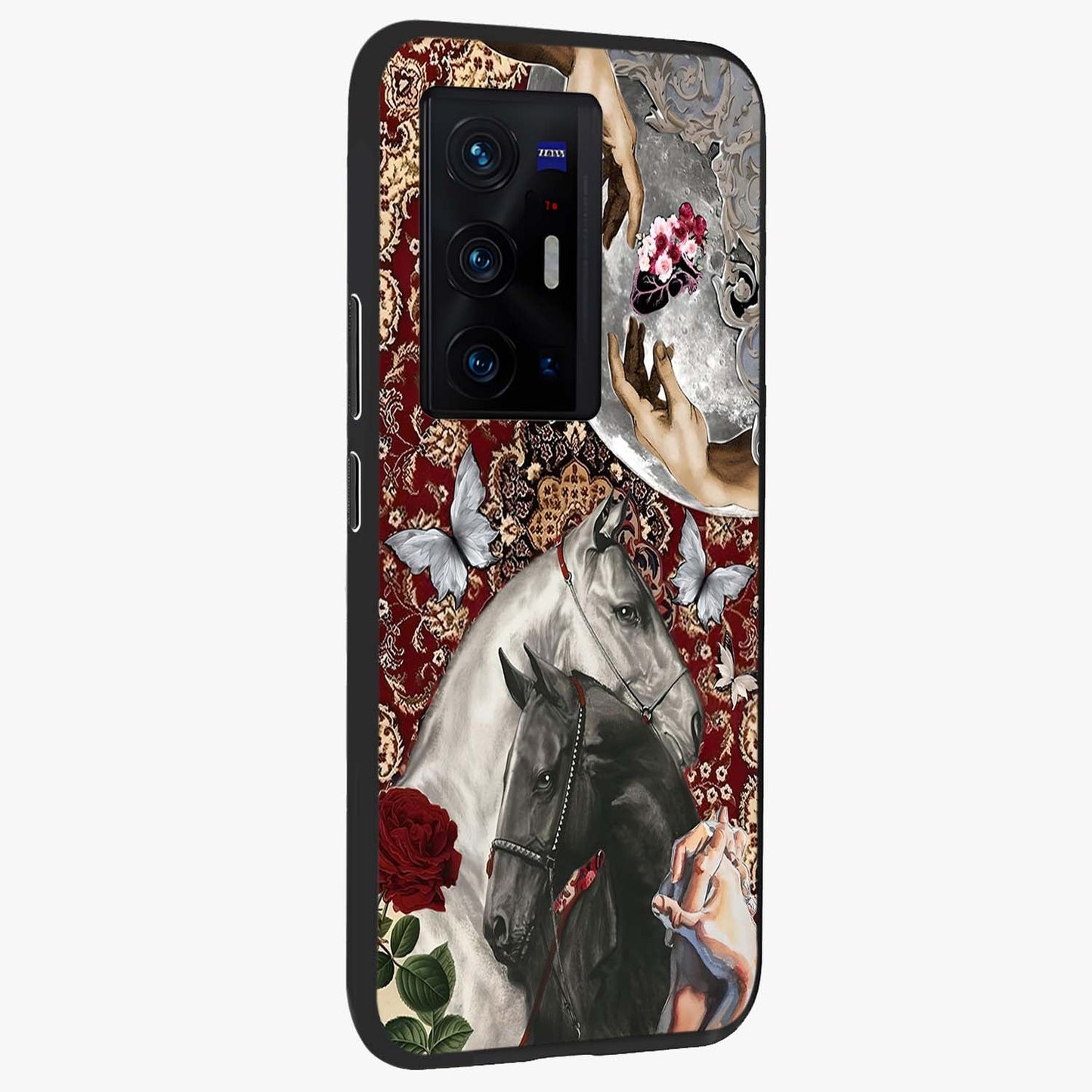 Moonlit Royal Stallion Glass Case upright view showcasing dramatic horse artwork with glowing moon themed design.