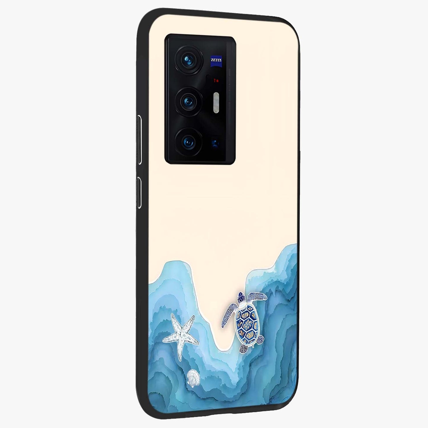 Ocean Drift Turtle Glass Case upright view showcasing calm underwater turtle artwork with nature inspired theme.