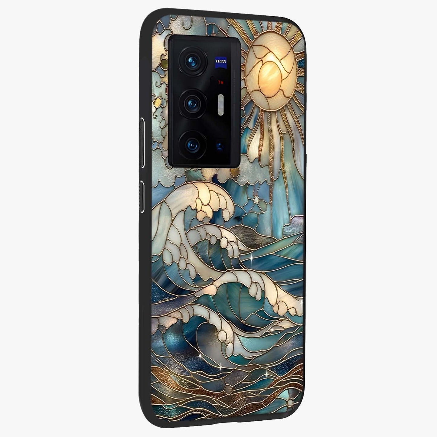Oceanic Stained Printed Glass Case upright view showcasing decorative ocean pattern artwork with vibrant marine theme.
