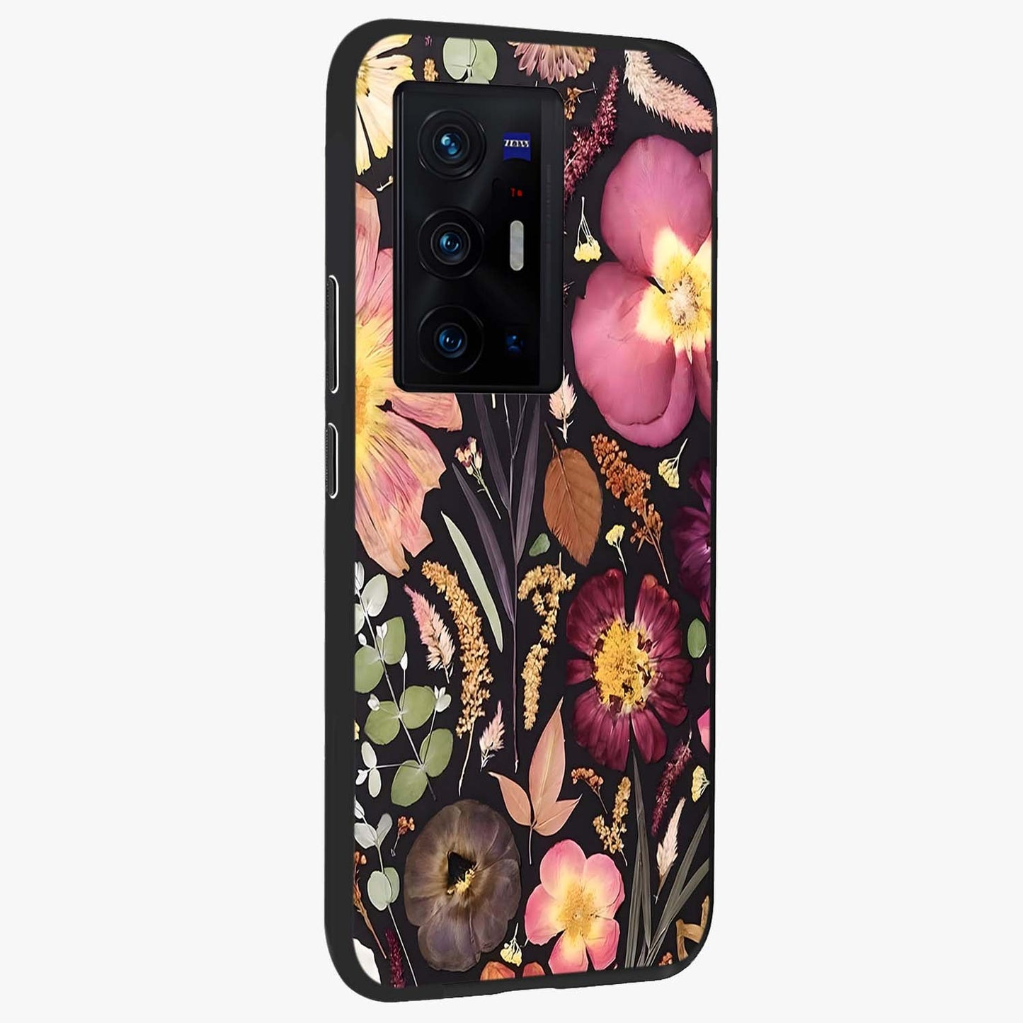 Petal Dream Tapestry Glass Case upright view showcasing detailed floral tapestry artwork with artistic nature theme.