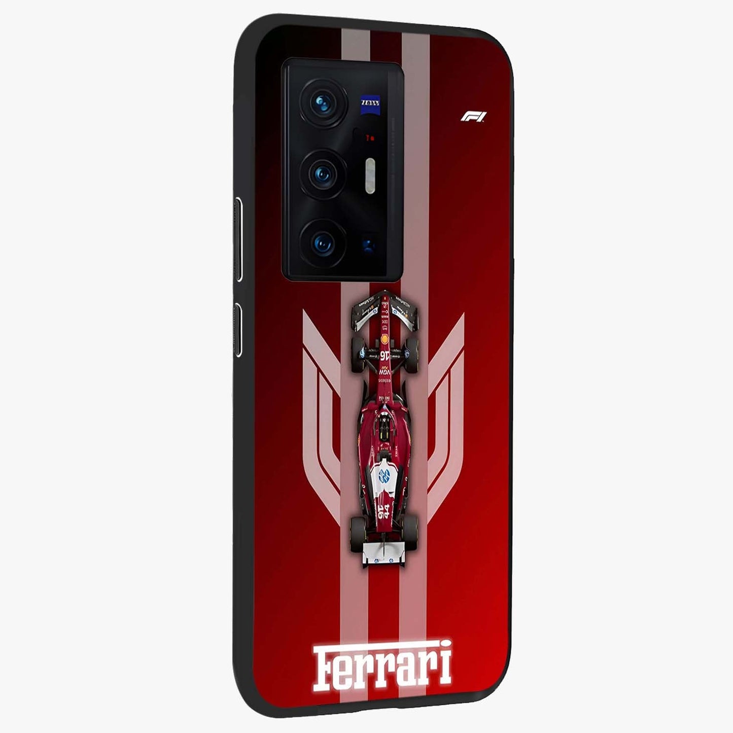 Red Ferrari F1 Vertical Glass Case upright view showcasing powerful Formula car artwork with dynamic motorsport theme.